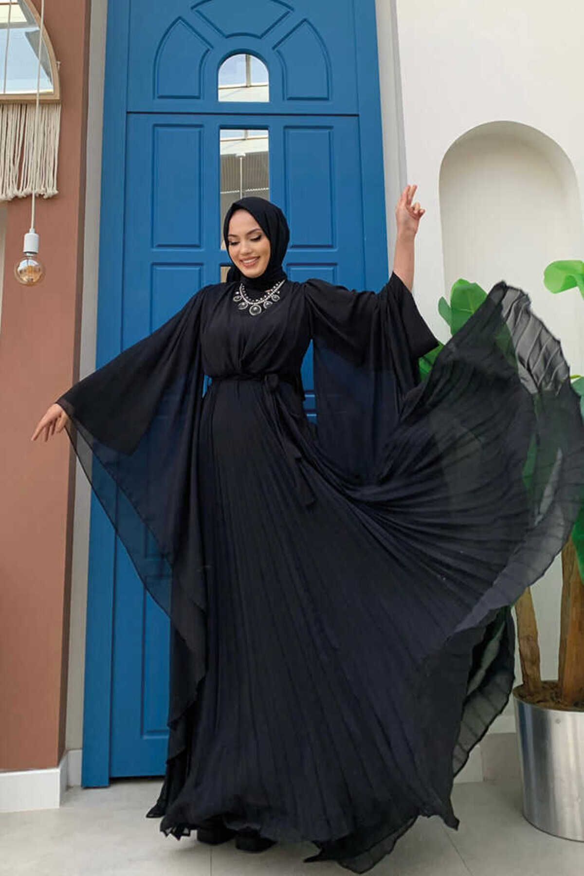 Bym Fashion Piliseli Yarasakol Detay Bel Kuşaklı Şifon Kol Abiye Elbise 3764 Siyah
