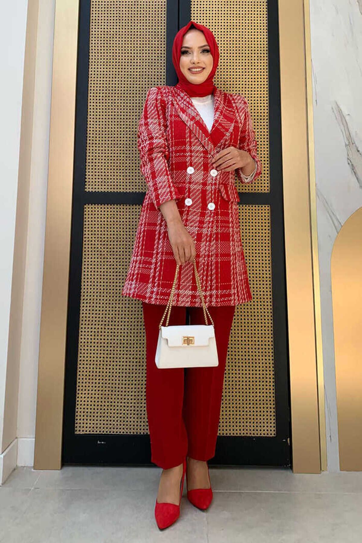 Bym Fashion Cep Görünümlü Desenli Chanel Ceket 7709 Kırmızı
