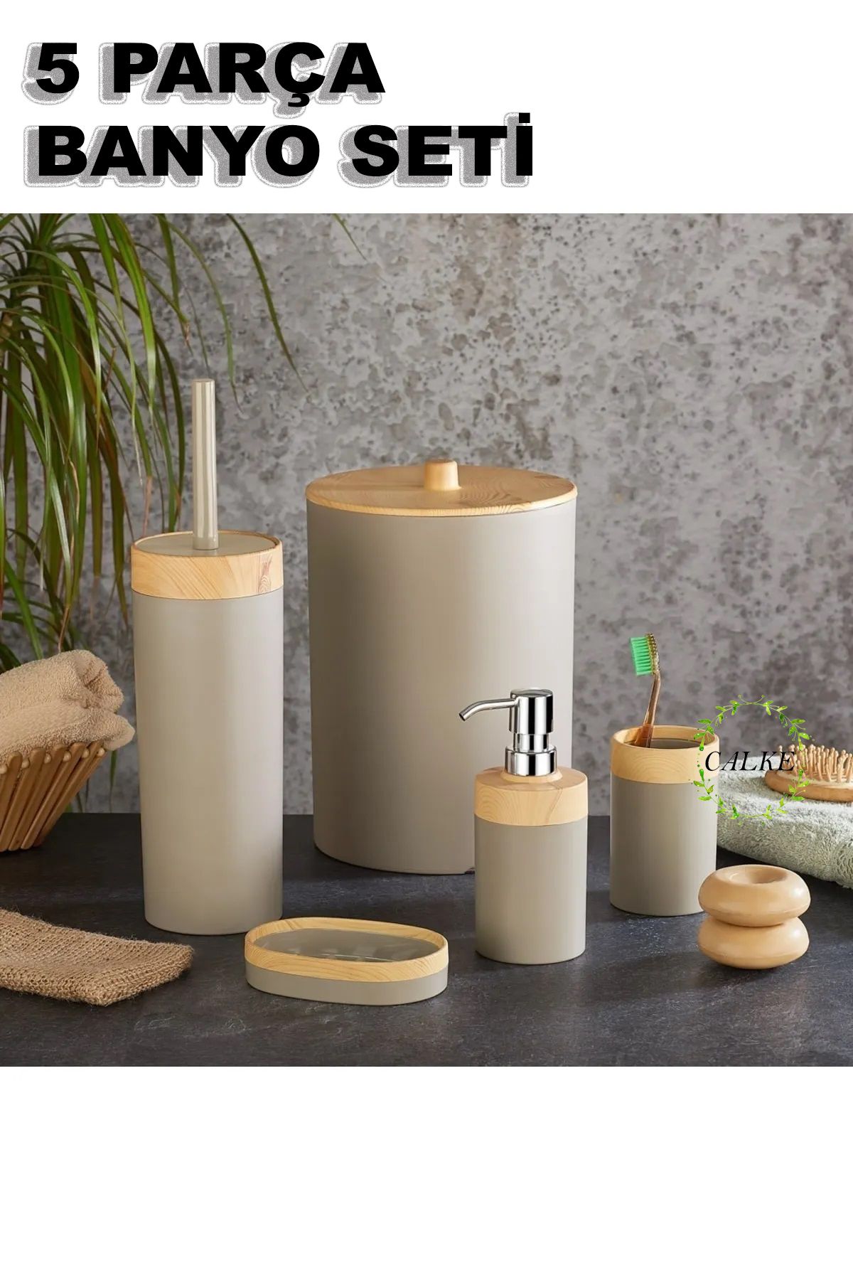 Calke 5'li Banyo Seti Bambu Desenli Çöp Kovası Sıvı Sabunluk Diş Fırçalık Kutusu Banyo Seti