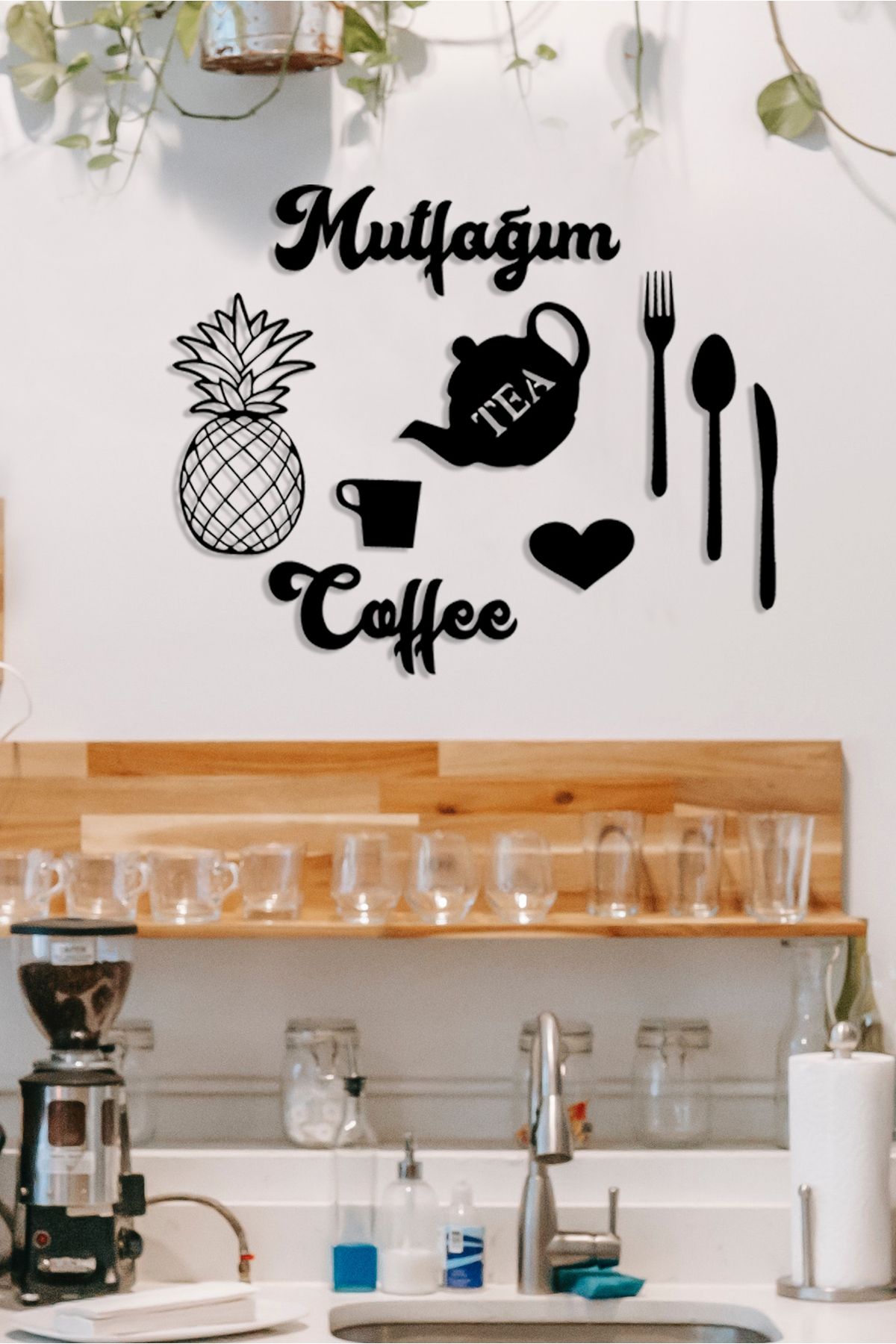NT Handmade Siyah Ahşap Mutfağım Ananas Coffee 9 Parça Duvar Dekoru - Mutfak Cafe Konsept İçin 55x50cm Tablo