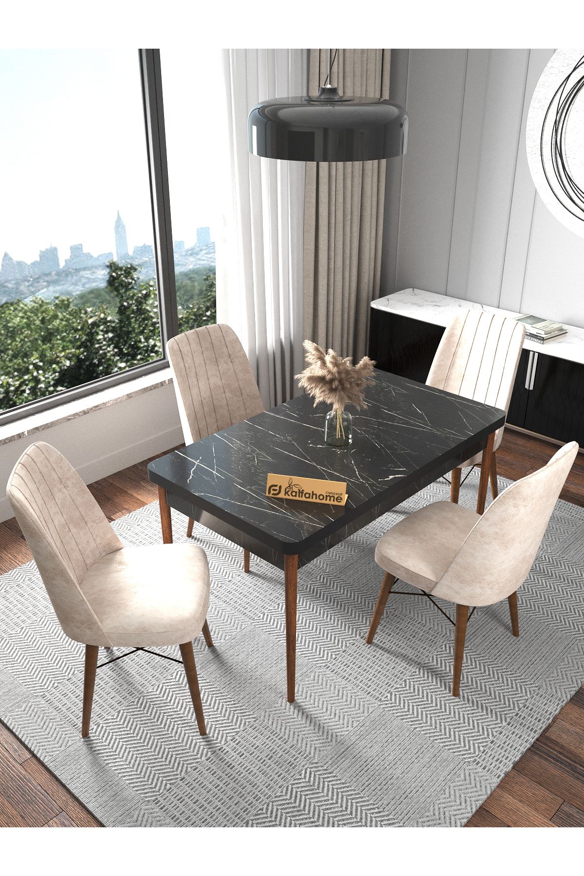 Kaffahome Fixed Siyah 70x110 Cm , 4 Kişilik Sabit Mutfak Masası , Mutfak Sandalye Takımı - Krem