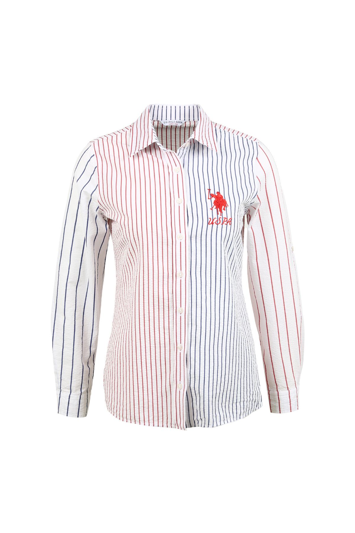 U.S. Polo Assn. U.S. Polo Assn. Slim Fit Gömlek Yaka Çizgili Kırmızı Kadın Gömlek CUPE