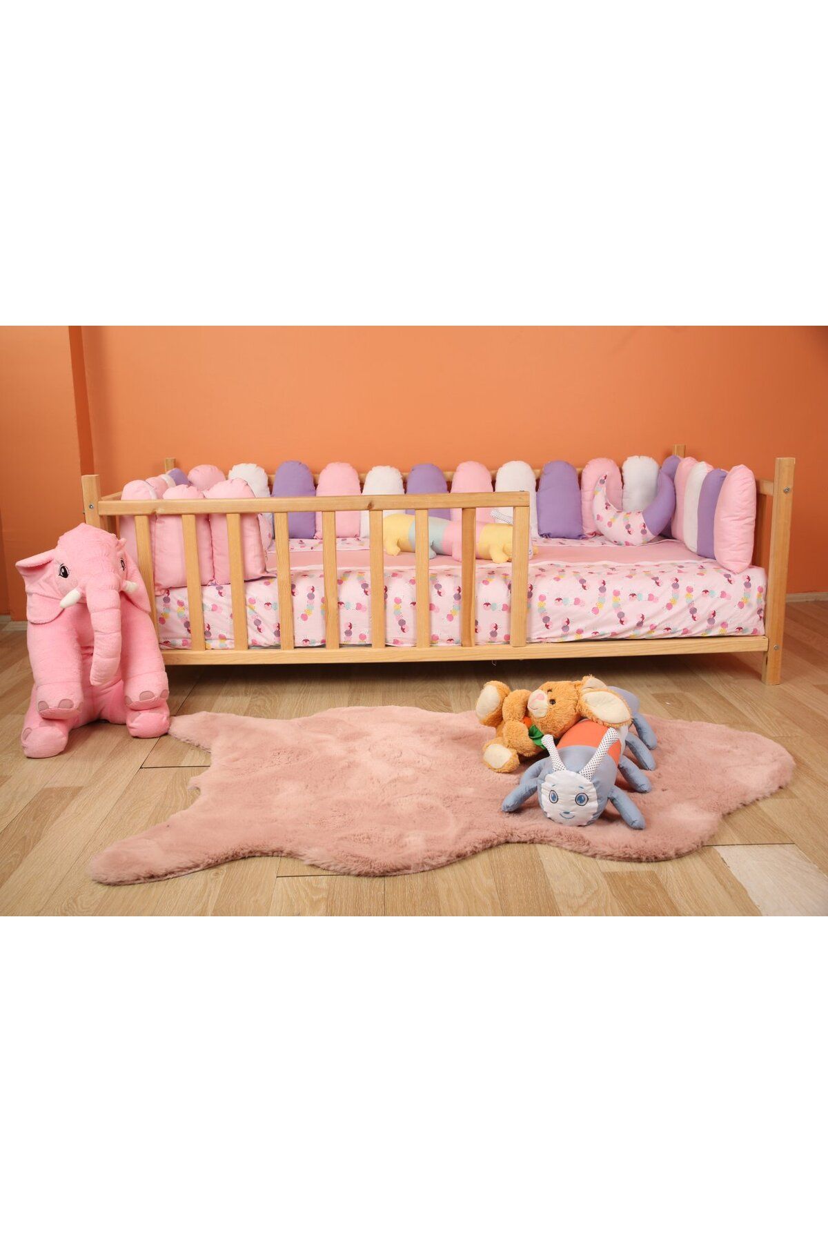 BEMOLYA Montessori Uyku Seti Pembe Sevimli Tırtıl Çitli Koruma Pamuk Bebek Çocuk Kız Erkek Bebek 90/190 Set