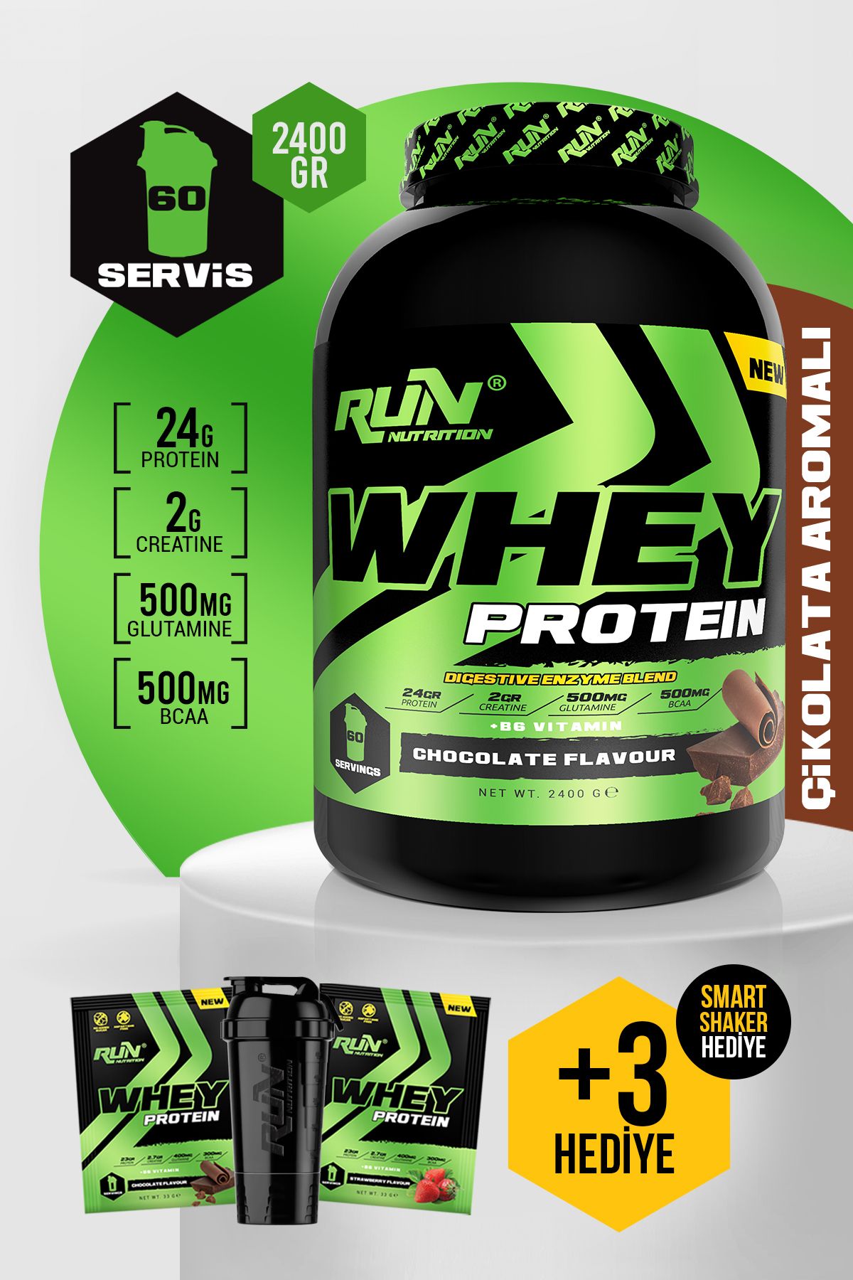 Run Nutrition Whey Protein - 2.4 Kg - Çikolata Aromalı - 60 Servis - Hediyeli