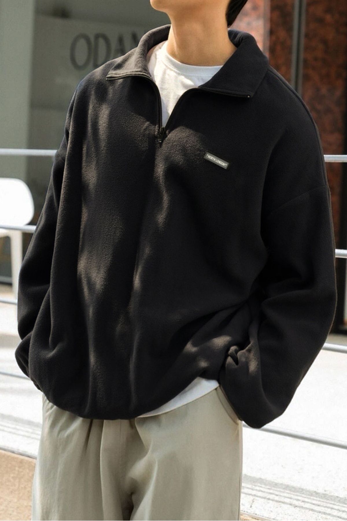 North London Erkek Polar Siyah Oversize Sweatshirt