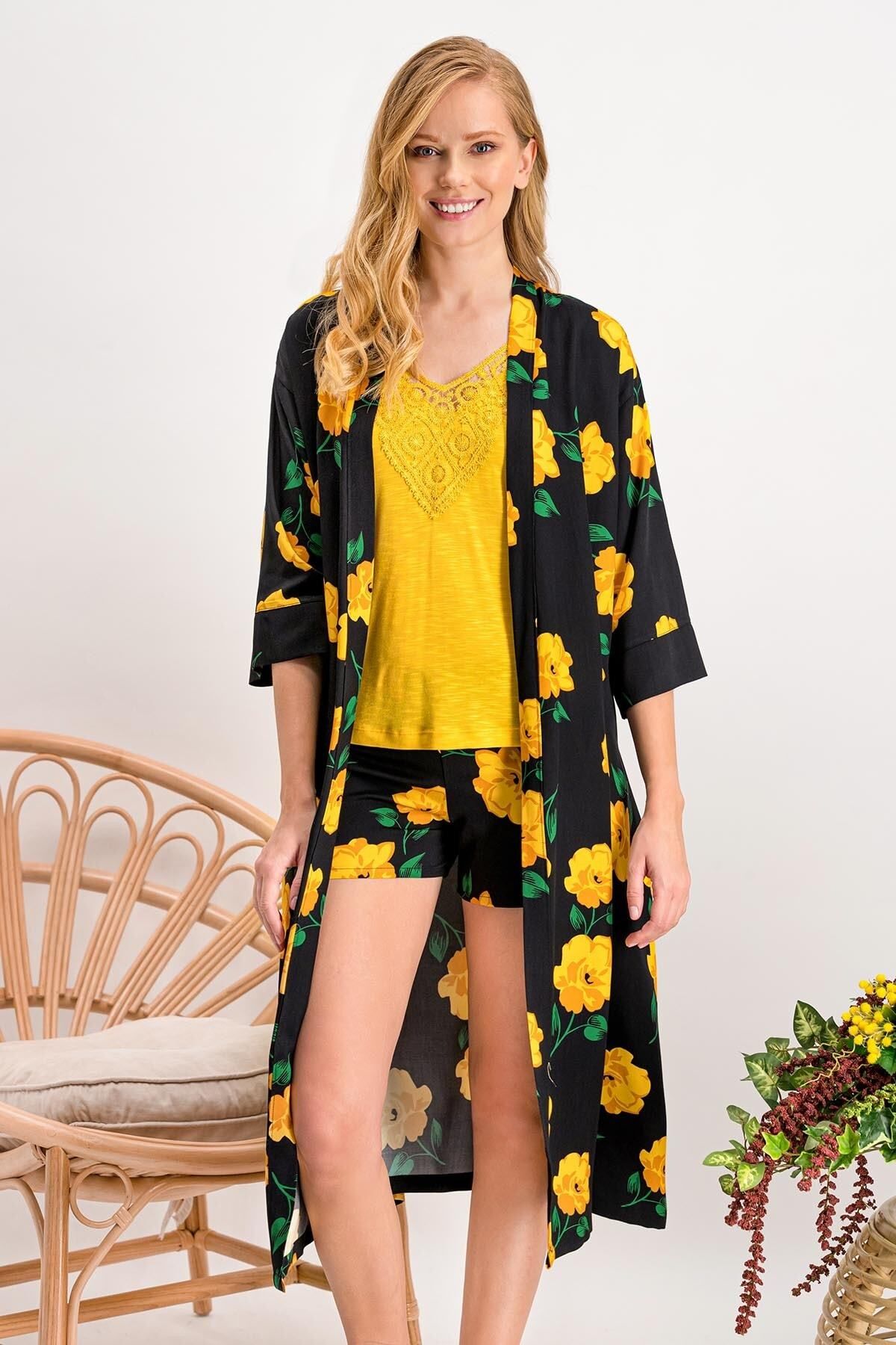 Arnetta Kadın Yellow Rose Sarı Homewear Kimono,Şort Takım