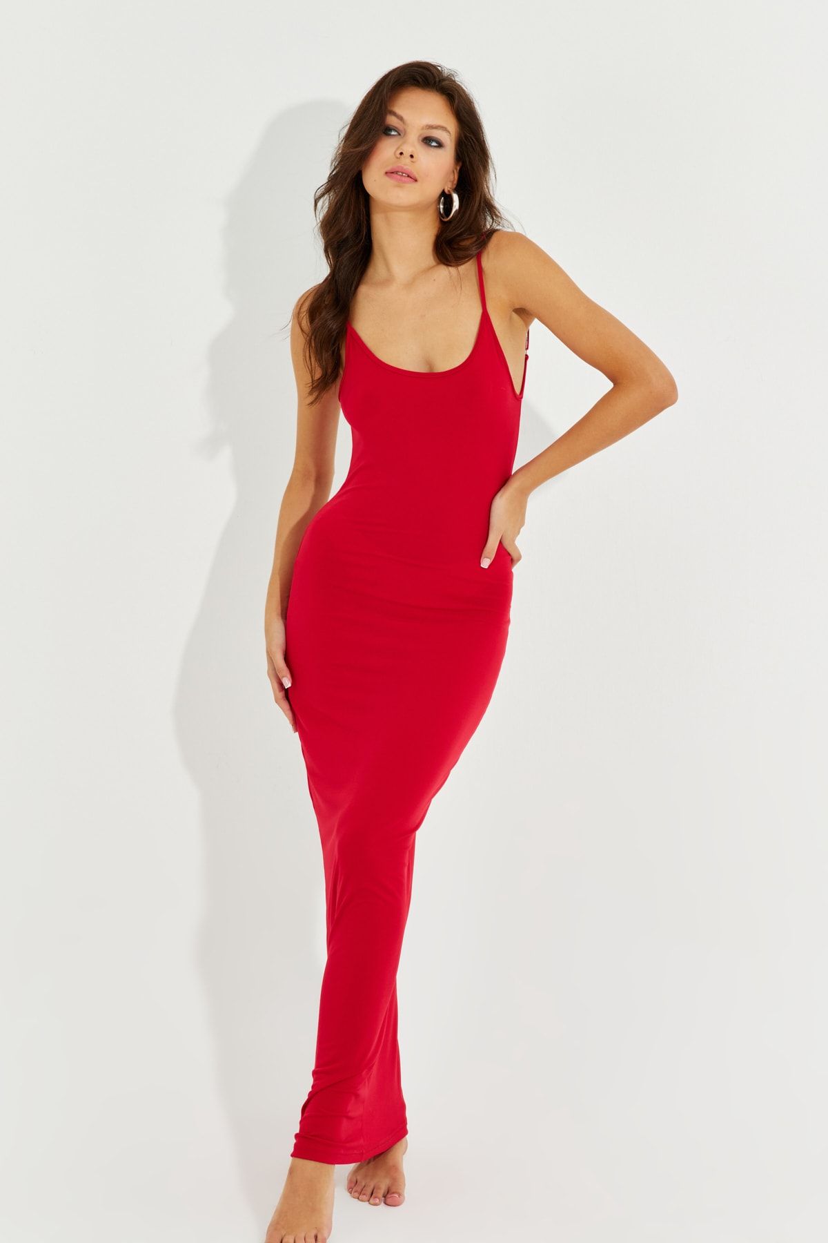 Cool & Sexy Kadın Kırmızı Ayarlanabilir Askılı Maxi Elbise MEN2004