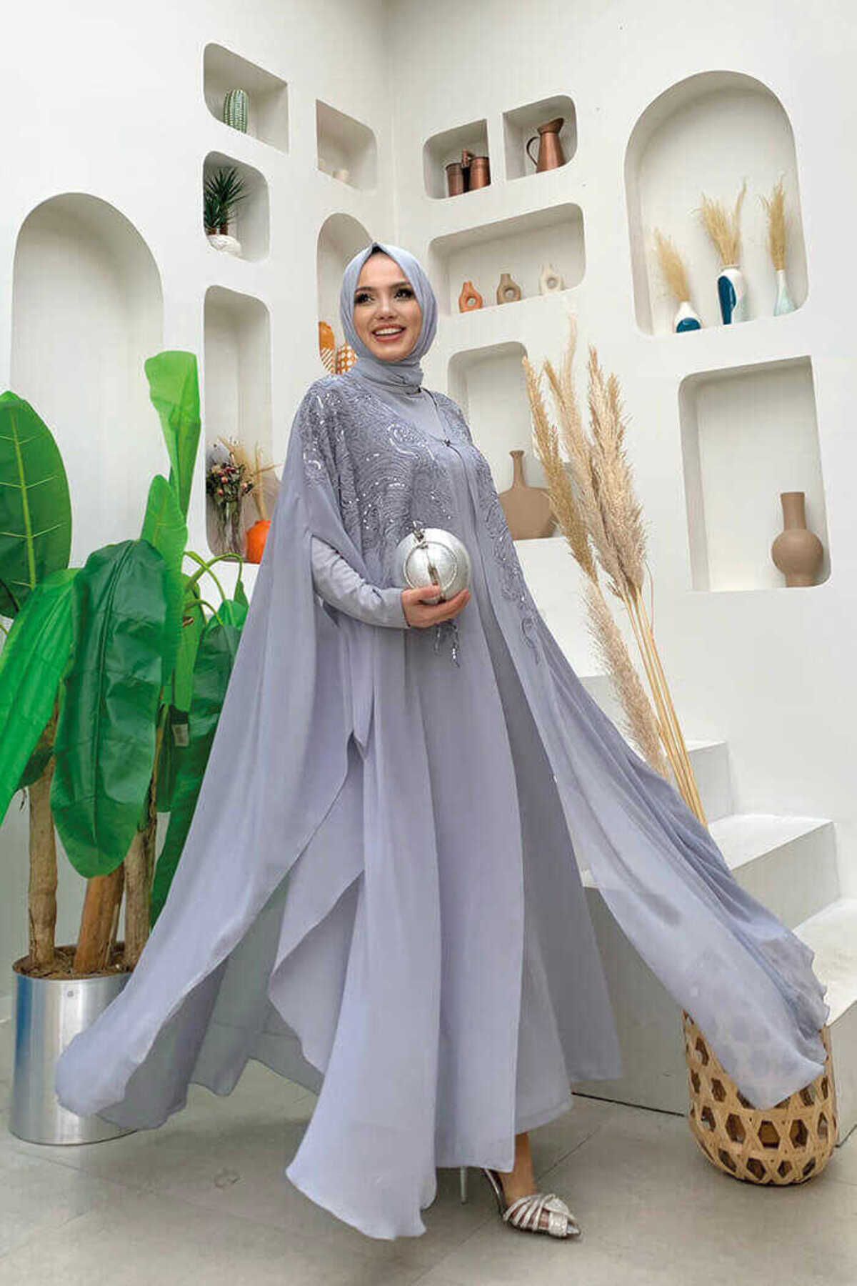 Bym Fashion Taş İşlemeli Desenli Şifon Pelerin Elbise Abiye Takım 3773 Gri