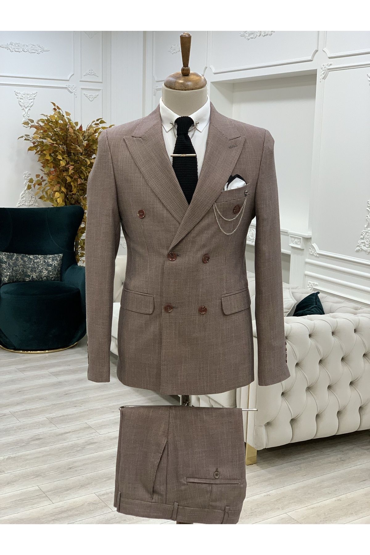 LONATOLİA Erkek Kruvaze Takım Elbise İtalyan Kesim Slim Fit Ceket Pantolon-Bordo