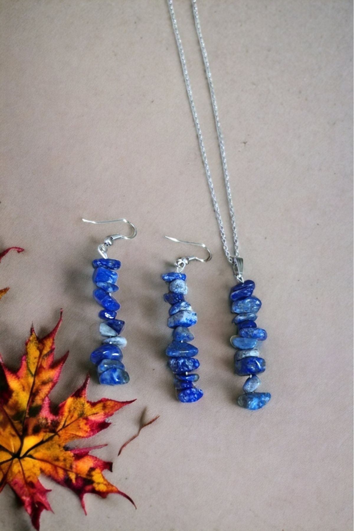 NBS Beautiful Naturel Stones Anksiyete ve Kaygıyı Lapis Lazuli Doğal Taş Kolye Ve Küpe Set