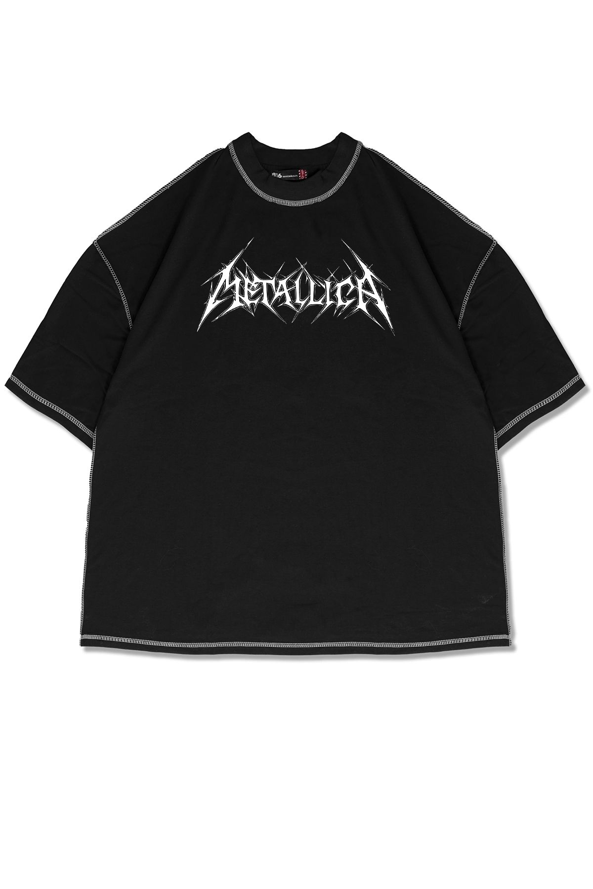 Sekizbiraltı Metallica Logo Baskılı Ters Dikiş Detaylı Siyah Oversize Unisex Tshirt
