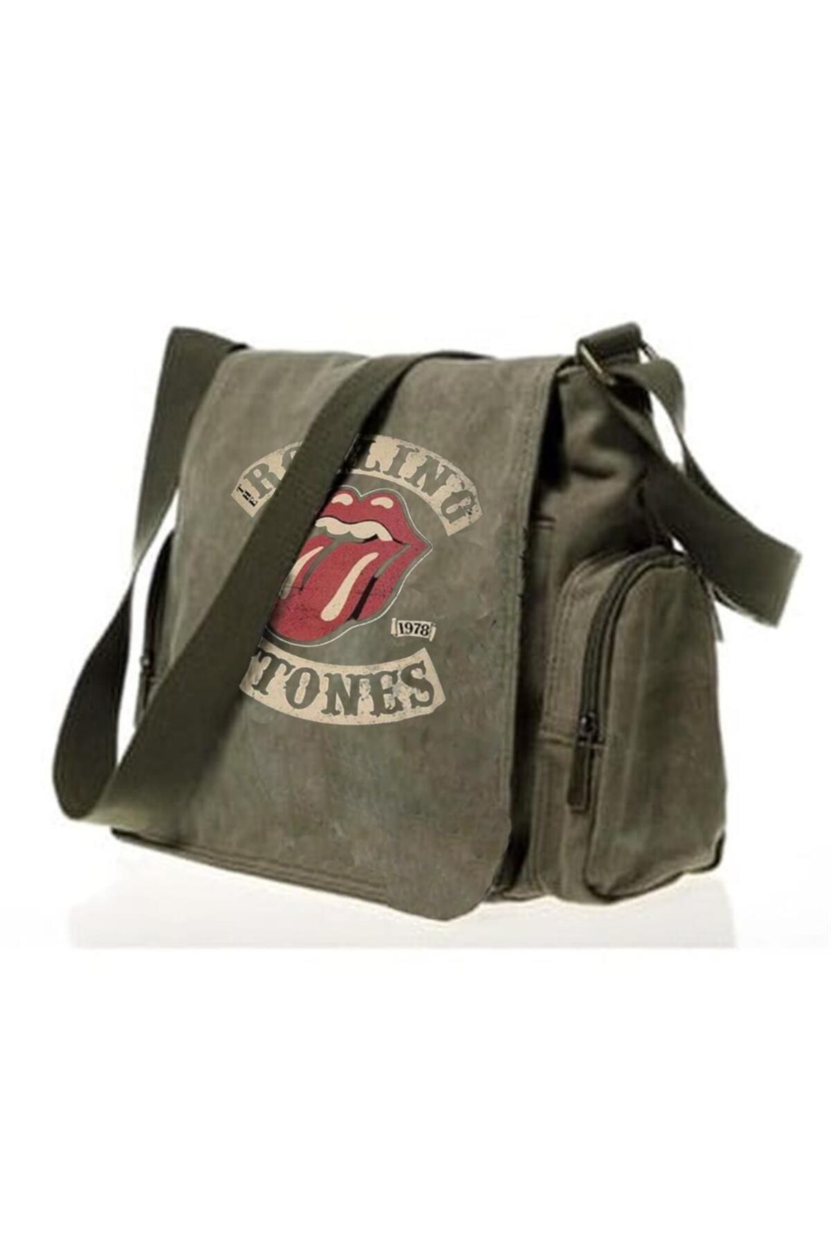 Touz Eyl Rolling Stones Vintage Baskılı Unisex Yeşil Postacı Çantası