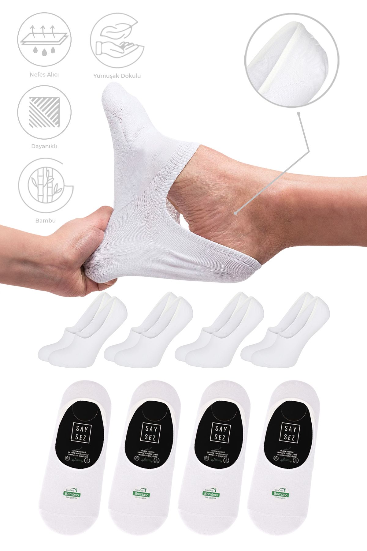SAYSEZ Bambu Erkek Babet Beyaz Çorap Dikişsiz Görünmez Kaydırmaz Topuk Silikonlu Premium 4'lü Paket