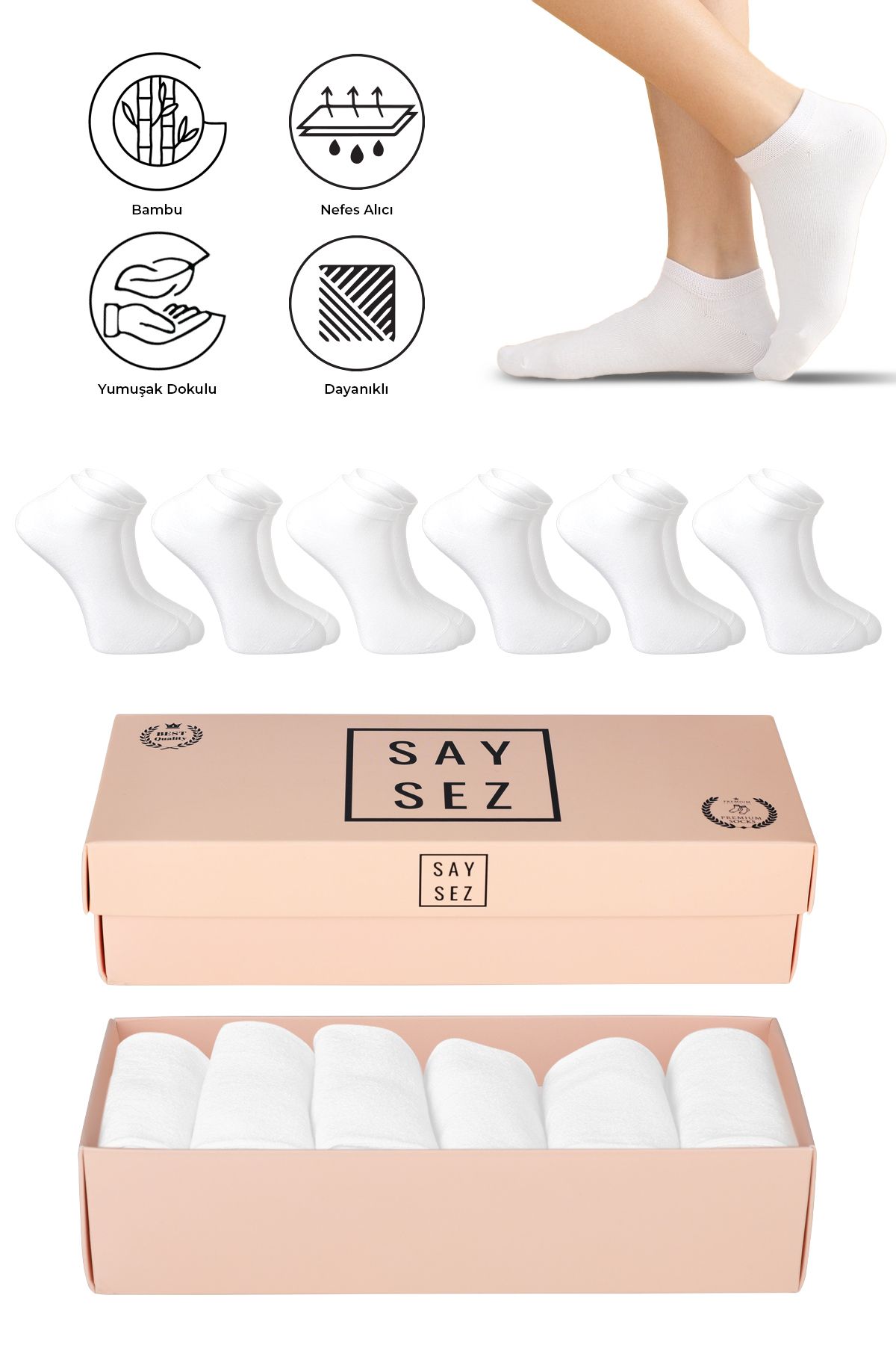 SAYSEZ Bambu Kadın Patik Düz Beyaz Çorap Dikişsiz Premium Kutulu 6'lı