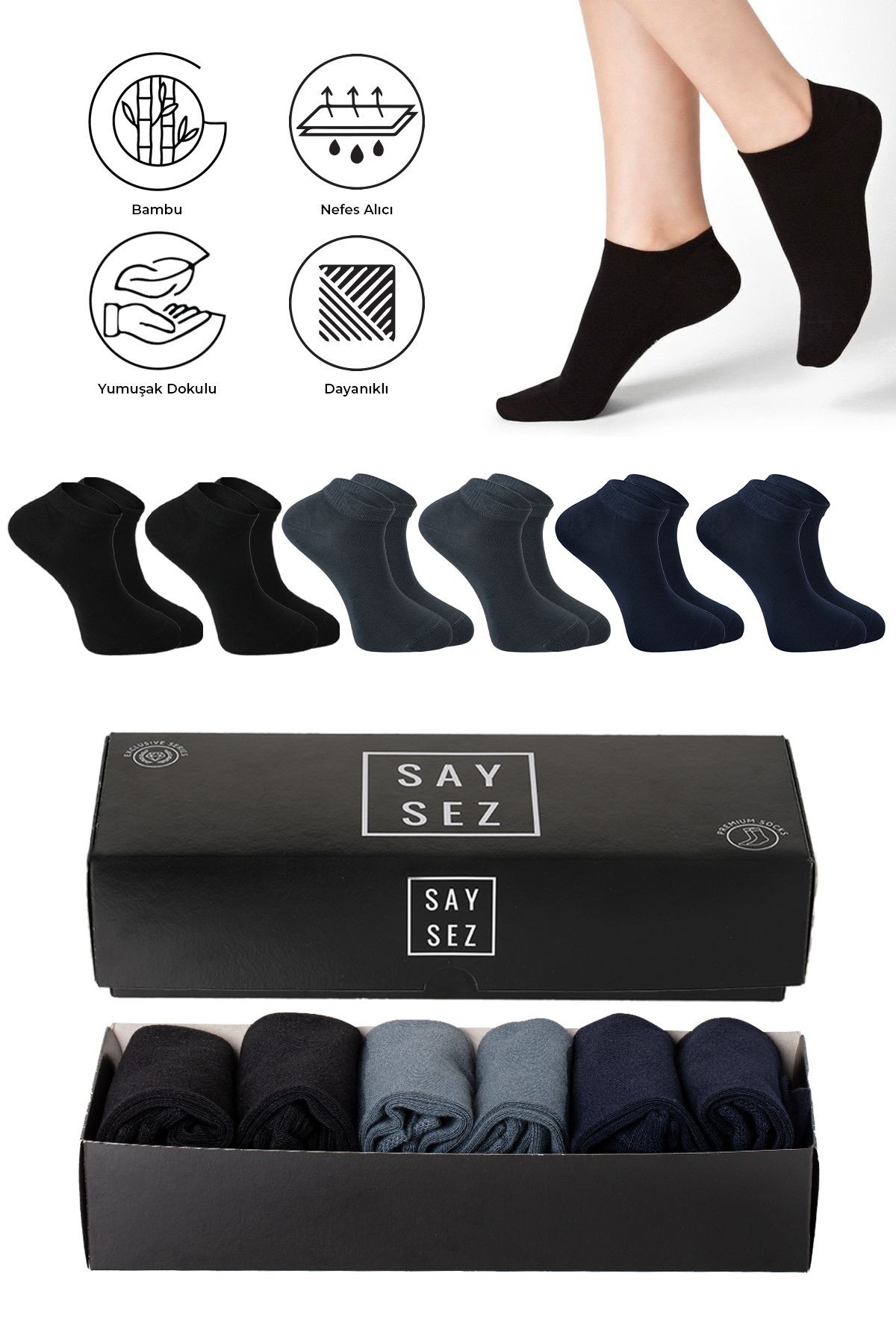 SAYSEZ Bambu Erkek Patik Düz Asorti Çorap Dikişsiz Premium Kutulu 6'lı (2 Siyah - 2 Lacivert - 2 Füme)