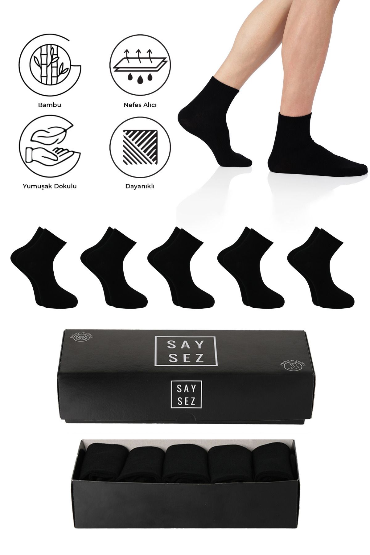 SAYSEZ Bambu Erkek Yarım Konç Düz Siyah Çorap Dikişsiz Premium Kutulu 5'li