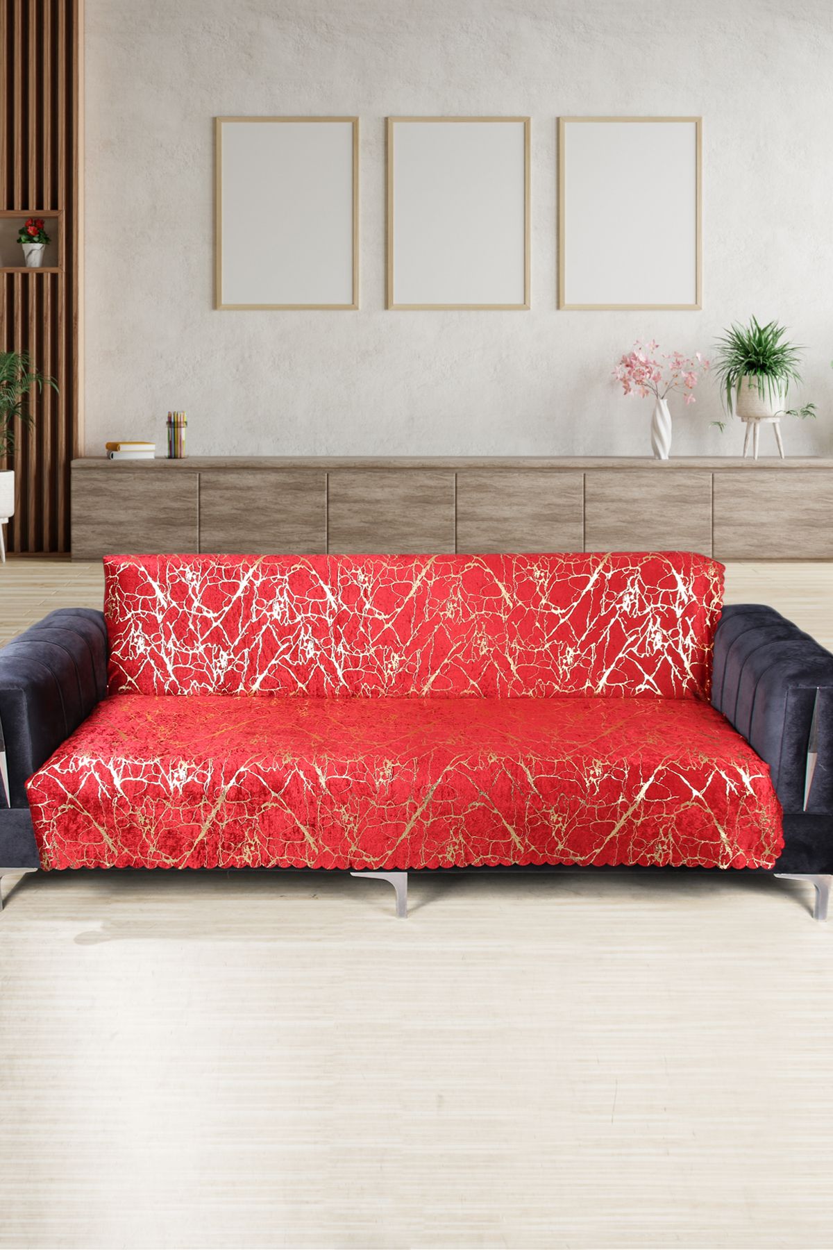 Bonny Home Güzide Kırmızı Koltuk Örtüsü Altın Varaklı Kaymaz Süngerli Çekyat Örtüsü 1 Adet 170x210 cm