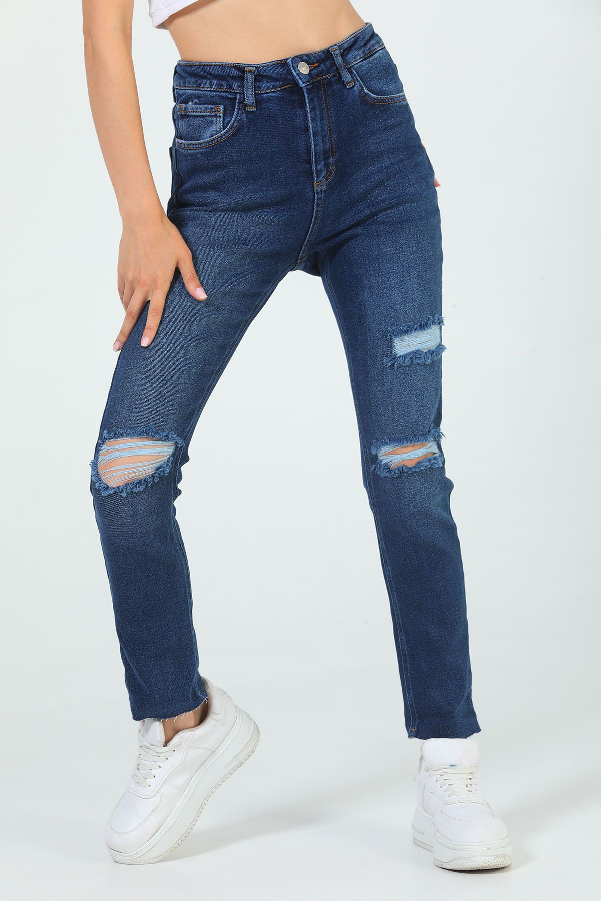 Julude Lacivert Kadın Yüksek Bel Yırtıklı Jeans Pantolon