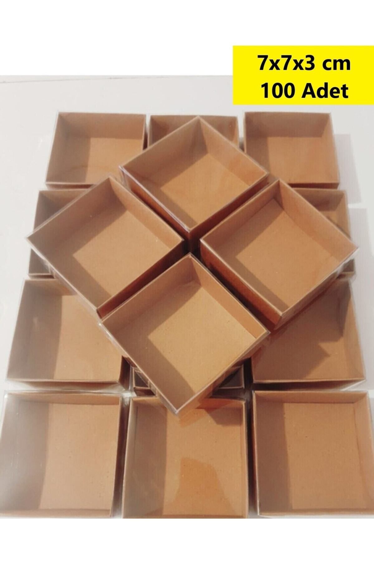 Modern Box 7x7x3 cm Asetat Kapaklı Kraft Kutu Düğün Nişan Kına Hediyelik Kutu 100 Adet