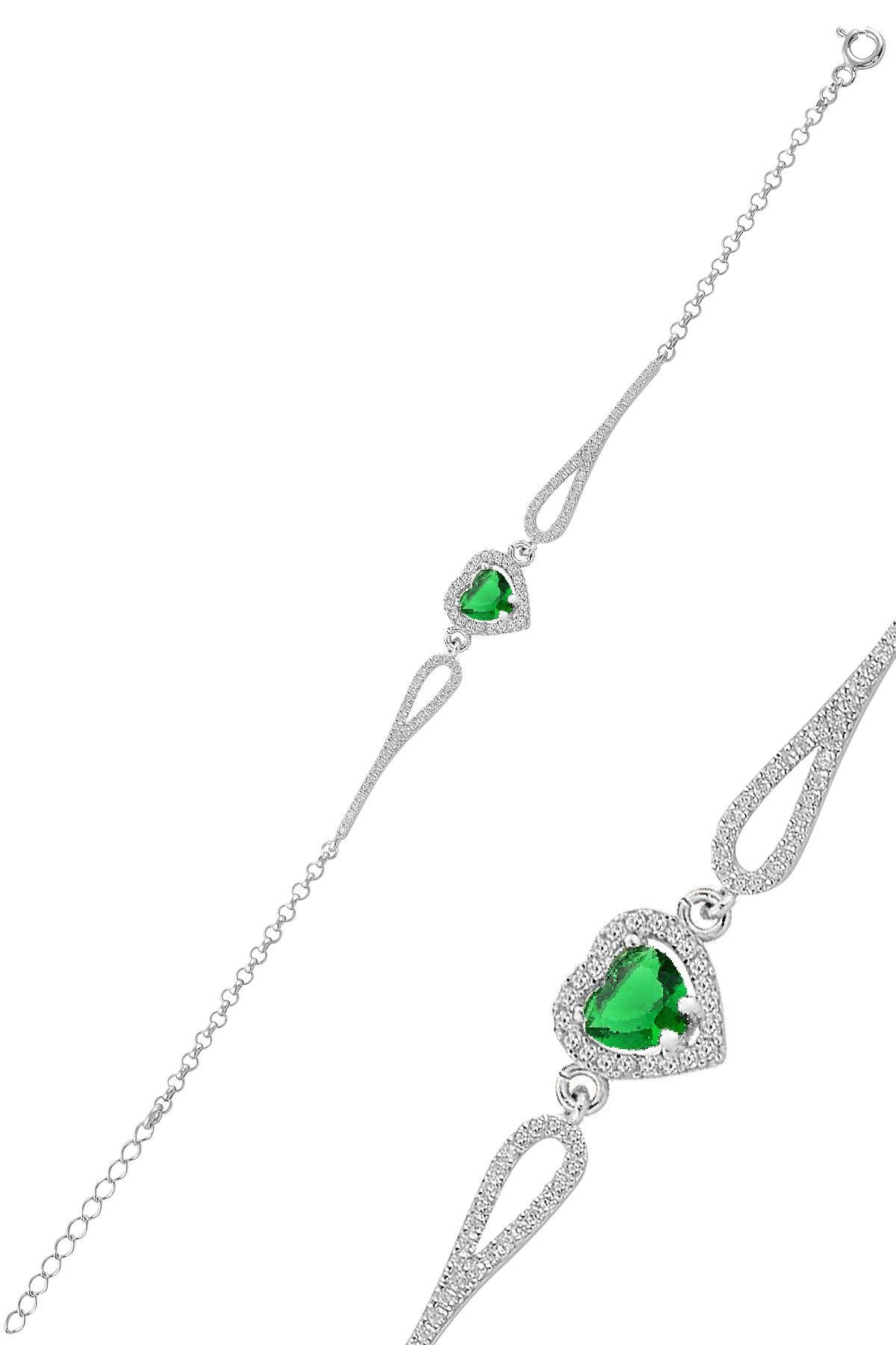 Söğütlü Silver Gümüş rodyumlu yeşil taşlı pırlanta modeli kalp bileklik SGTL12272YESIL