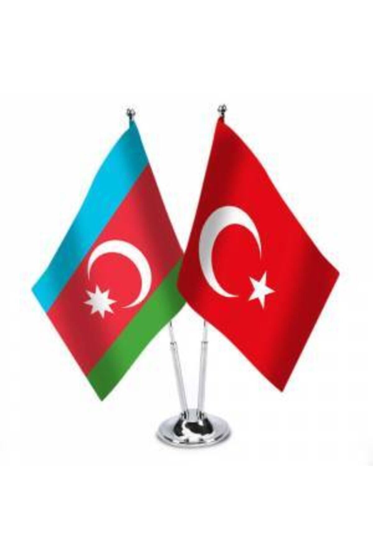 Vatan Bayrak Masa Üstü Azerbaycan Türkiye Bayrağı + Ikli Krom Direk Masa Bayrağı Seti