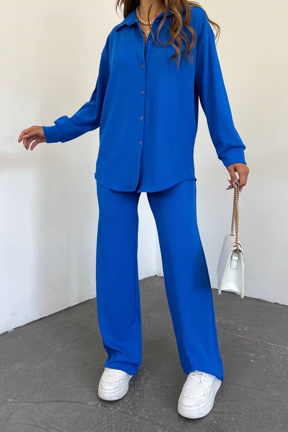 lovebox Kadın Gofre Kumaş Oversize Tasarım Gömlek ve Pantolon Mavi İkili Takım 10786