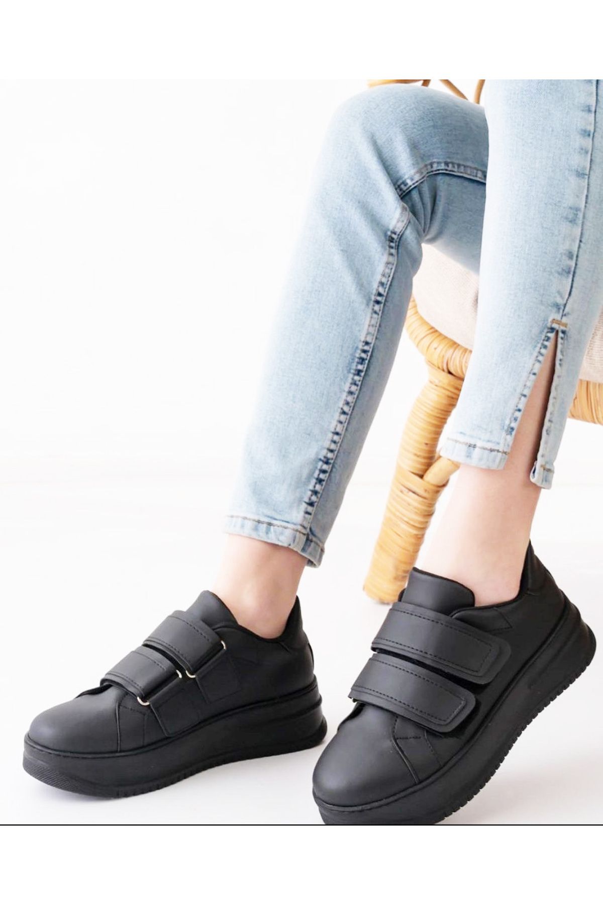 Afilli Kadın Siyah Kalın Platform Dolgu Taban Cırt Cırtlı Sneaker Yürüyüş Günlük Spor Ayakkabı