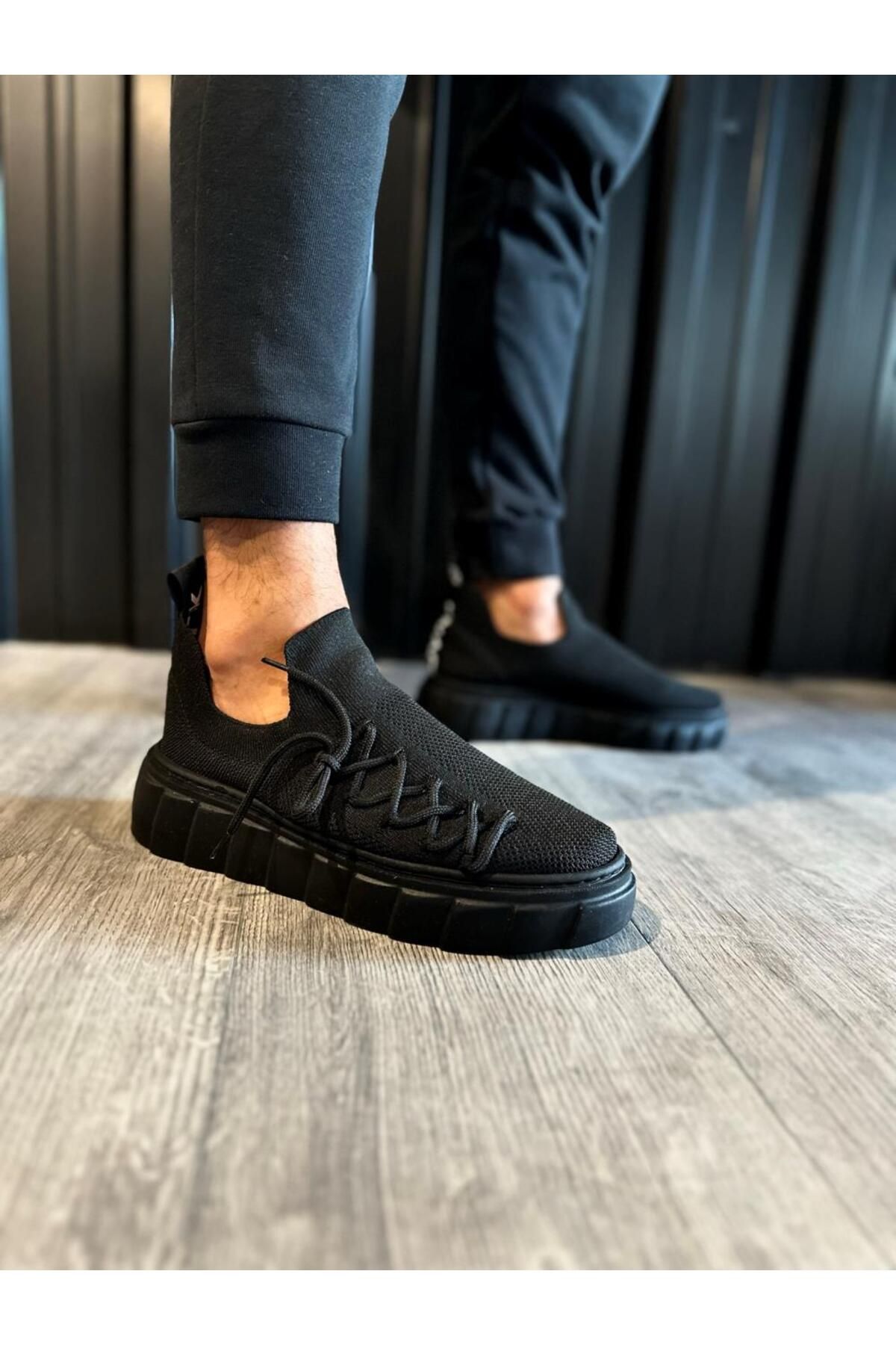 BZ Moda B1025 ST Bağcıklı Ortopedik Taban Triko Erkek Sneaker Ayakkabı Siyah