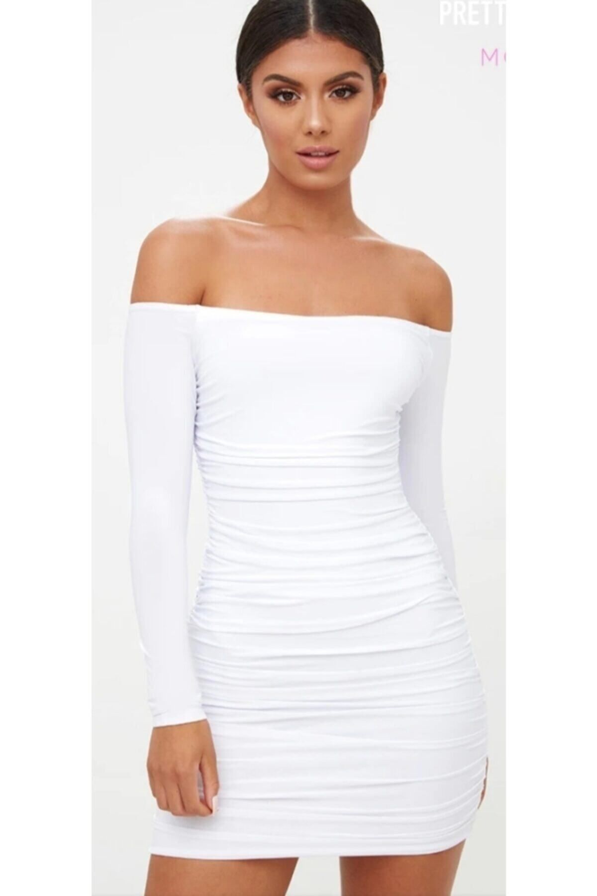 by eymen design Kadın Beyaz Uzun Kollu Rio Drapeli Straplez Elbise