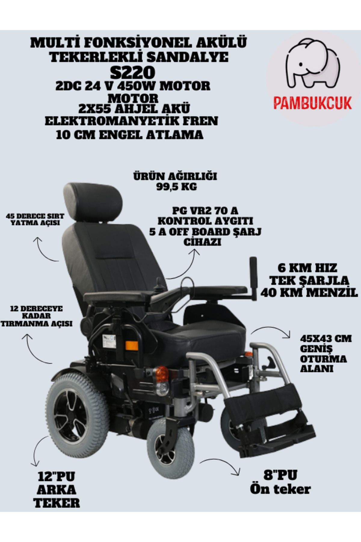 pambukcuk Standart Multi Fonsiyonel Akülü Tekerlekli Sandalye S220