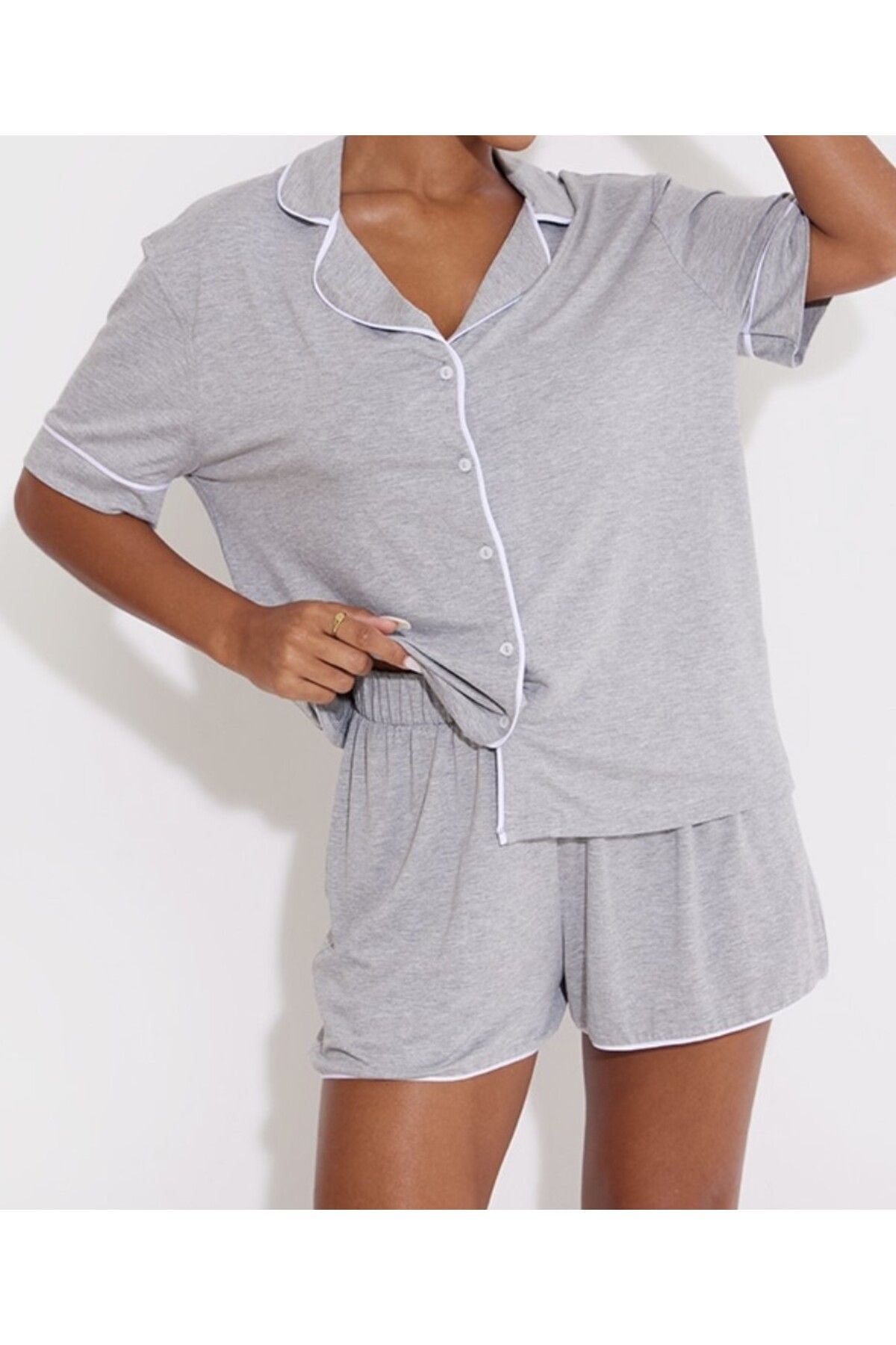 Merlot Düğmeli Biyeli Şortlu Pijama Takımı