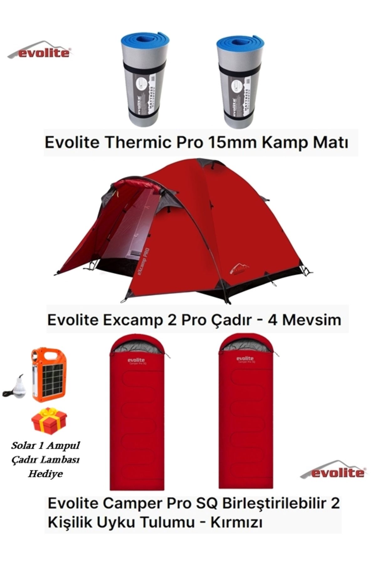 Evolite 4 Mevsim Excamp 2 Pro Çadır + 2 Kişilik Birleştirilebilir Uyku Tulumu + 2 Thermic Kamp Matı