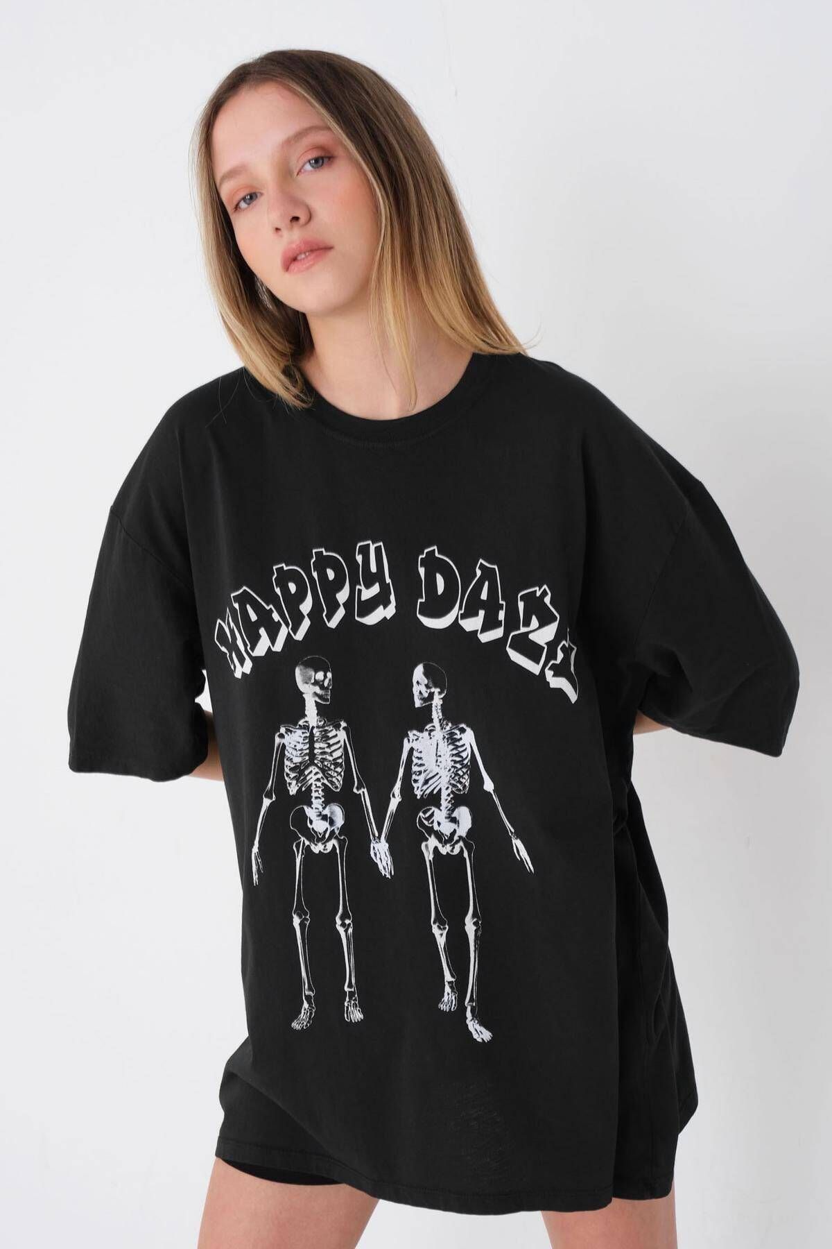 Addax Baskılı Oversize T-shirt P9570-1 - K8