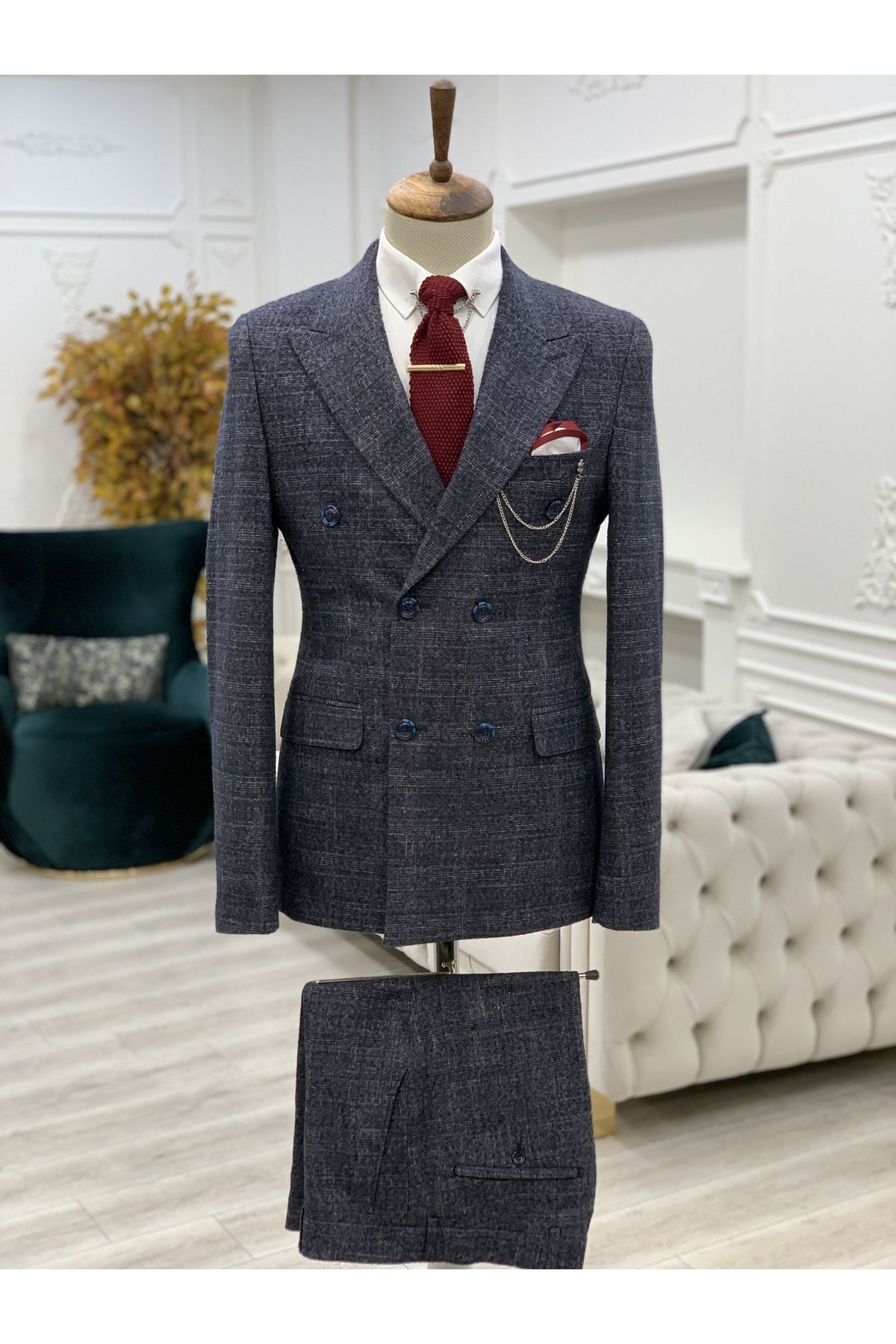 LONATOLİA Erkek Ekoseli Kruvaze Takım Elbise İtalyan Kesim Slim Fit Ceket Pantolon-Laci