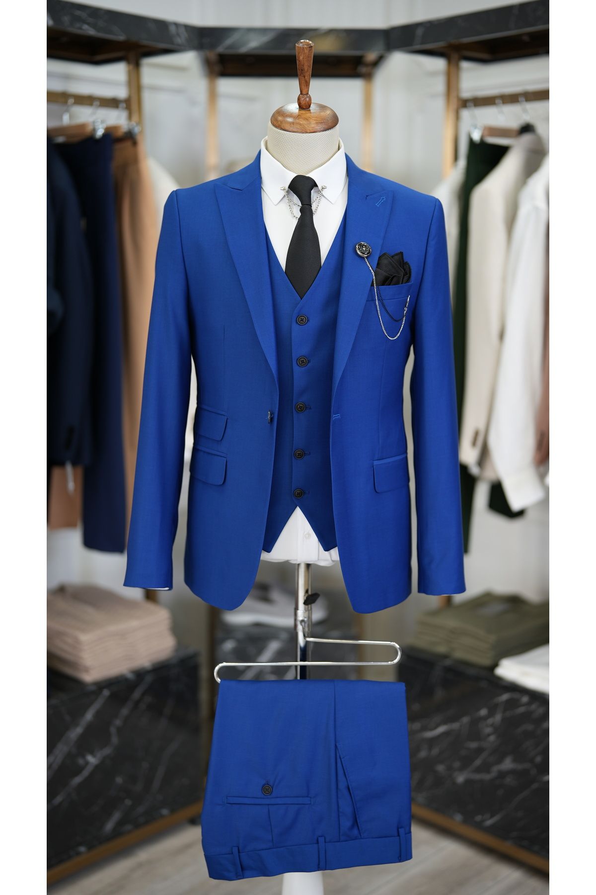 LONATOLİA Erkek Takım Elbise İtalyan Kesim Slim Fit Ceket Yelek Pantolon-Saks Mavisi