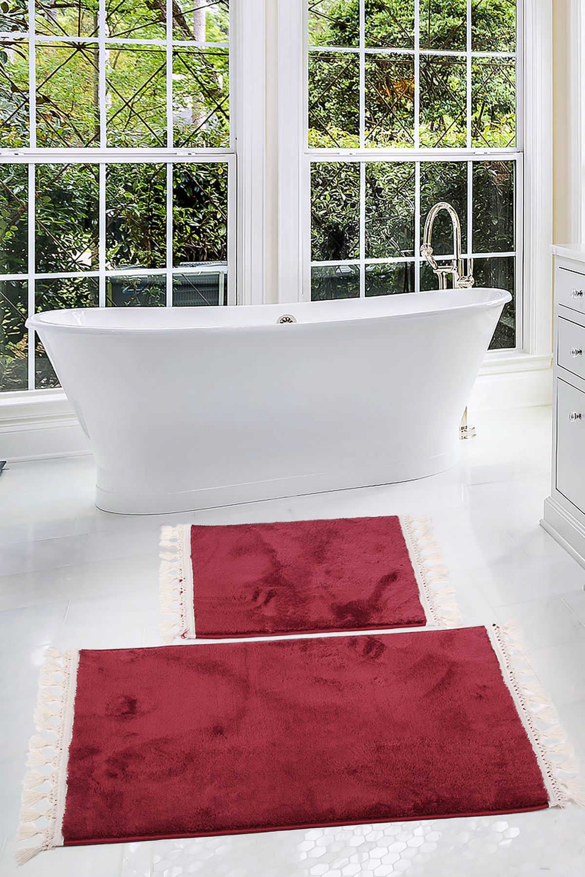 Bonny Home Relax Mürdüm 60x100 + 50x60 cm 2'li Köşeli Ponpon Saçaklı Banyo Halısı Paspası Seti Kaymaz Tabanlı