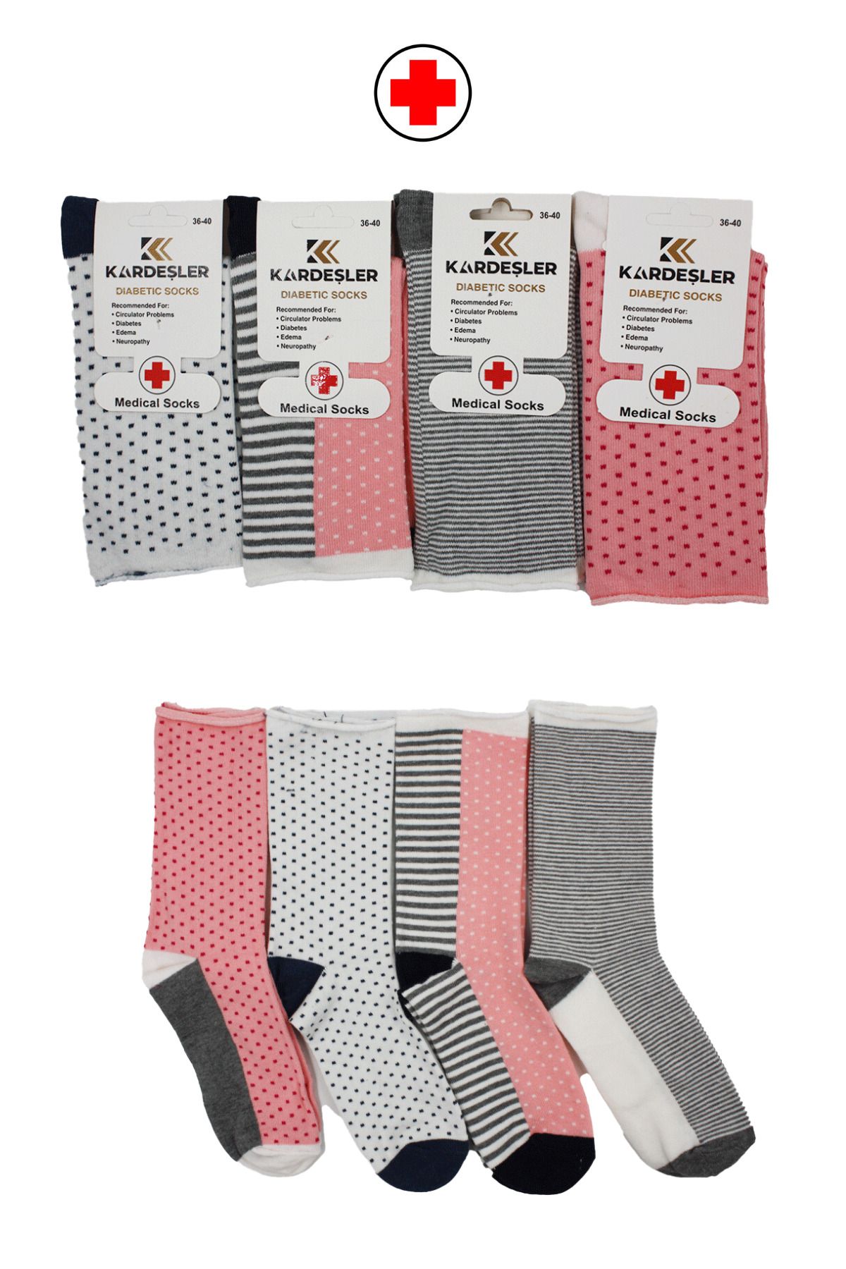 KARDEŞLER ÇORAP Kadın Çok Renkli Soket Diyabetik Şeker Çorabı Pamuklu Sıkmayan Çorap 4'lu Paket