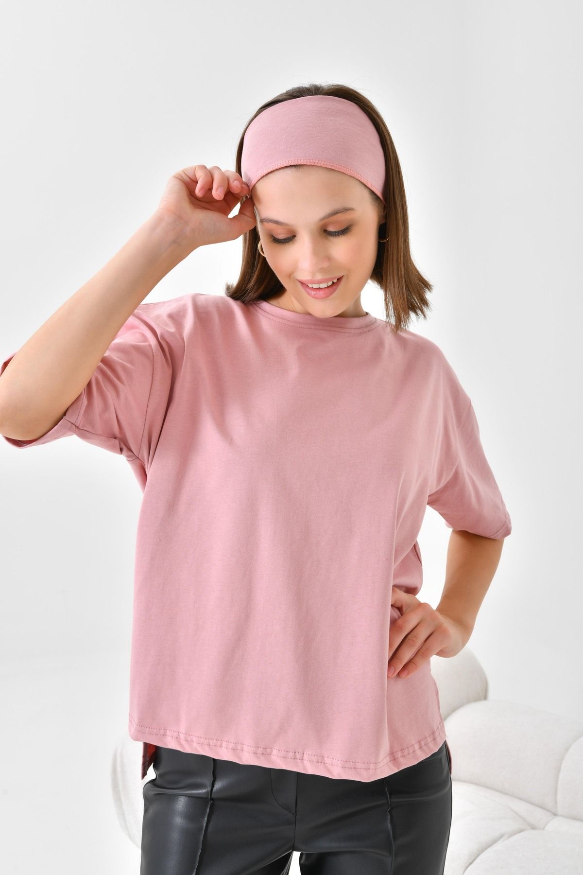 mirach %100 Pamuk Barbie Tişört Kısa Kollu Düz Model Kadın T-shirt Pamuklu Tişört Pudra (BANDANA HEDİYELİ)