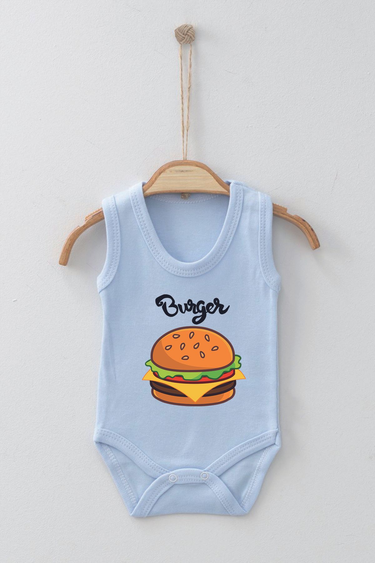 ADABEBEK %100 Pamuk Organik Burger Desenli Askılı Body Badi Bebek Zıbın