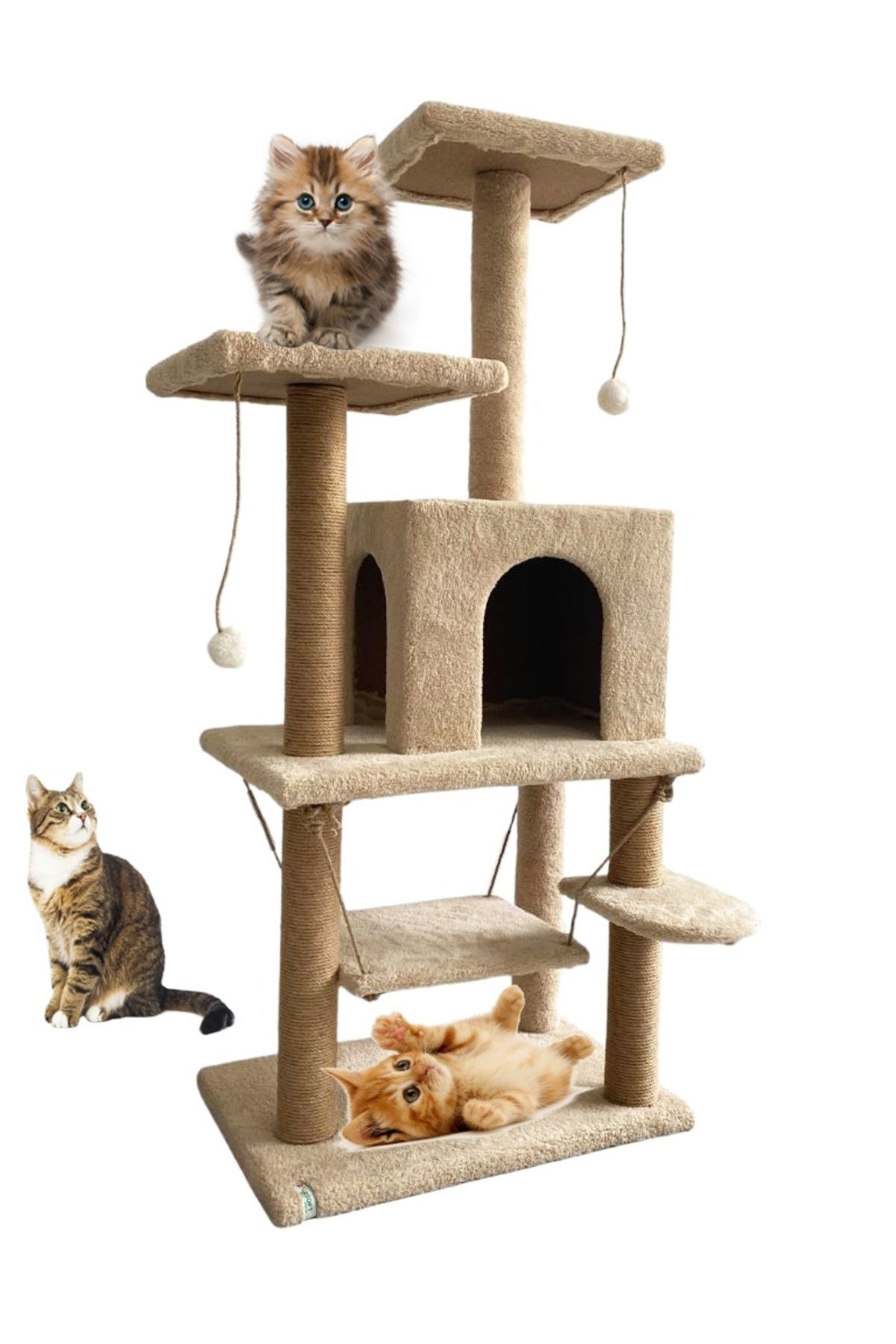 Nursoft Salıncaklı Lüx Kedi Tırmalama Kedi Oyun Evi-Bej