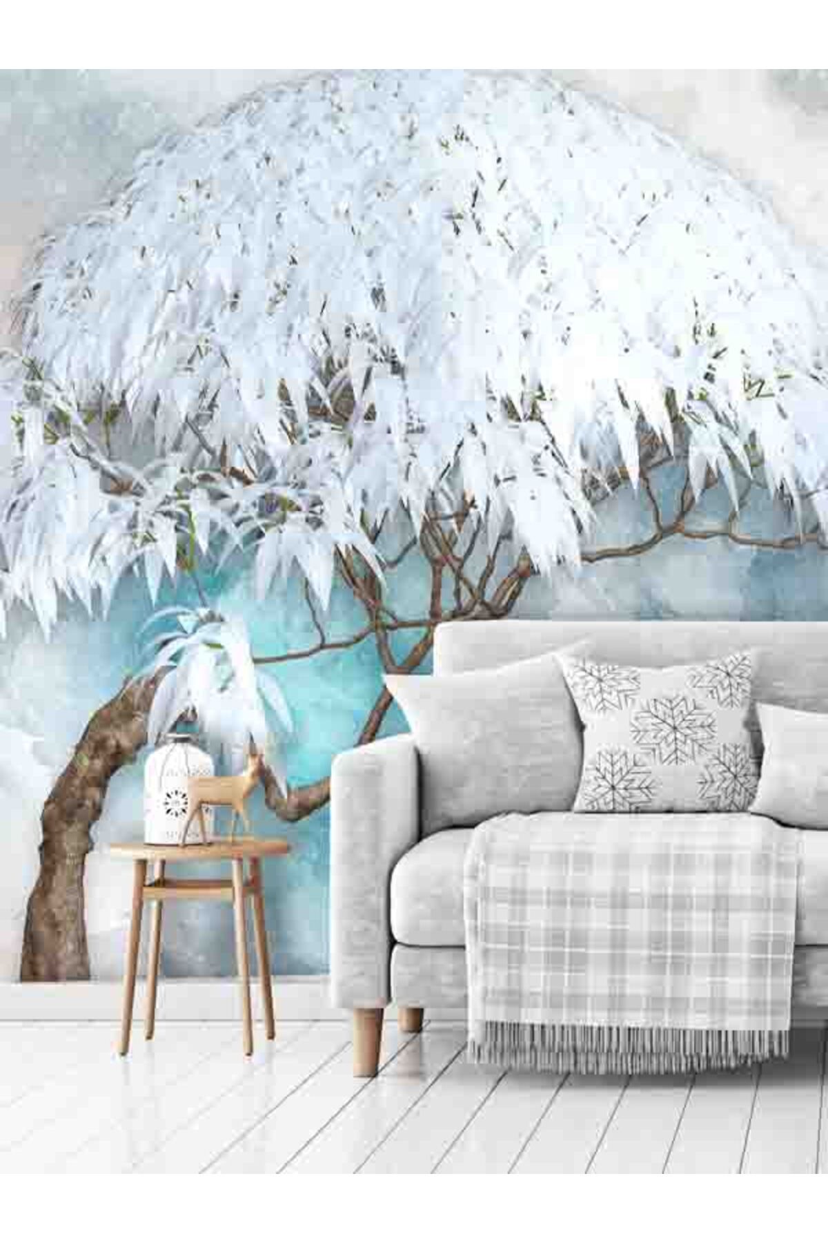 dreamwall Beyaz Yapraklı Ağaç Desenli Sağlıklı Tekstil Duvar Kağıdı