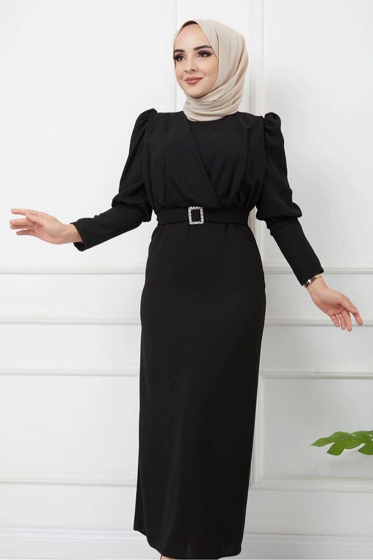 Ebrar Store Önü Çapraz Detay Balon Kol Kalem Elbise-ge5110-siyah