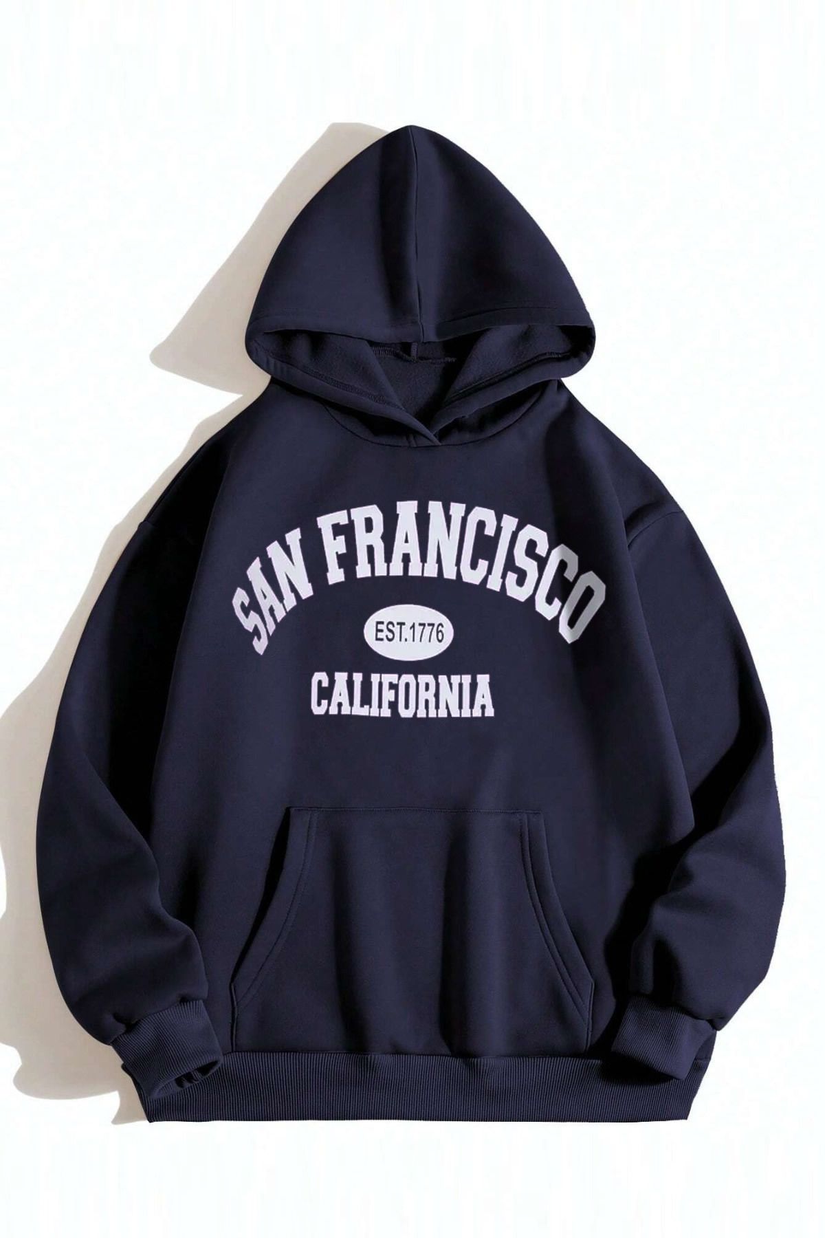 MODAGEN Unisex Lacivert San Francisco Baskılı Oversize Kapşonlu Sweatshirt