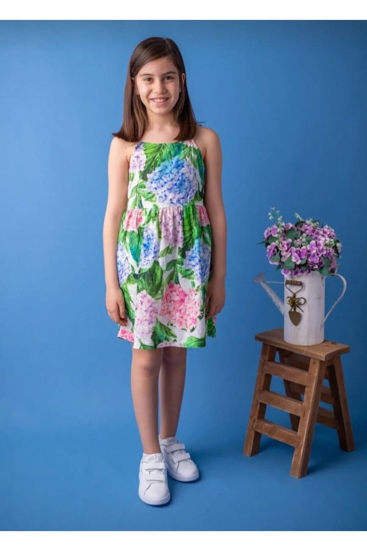 Zeyland Kız Çocuk Yazlık % 100 Pamuk Cotton Ortanca Desenli Elbise