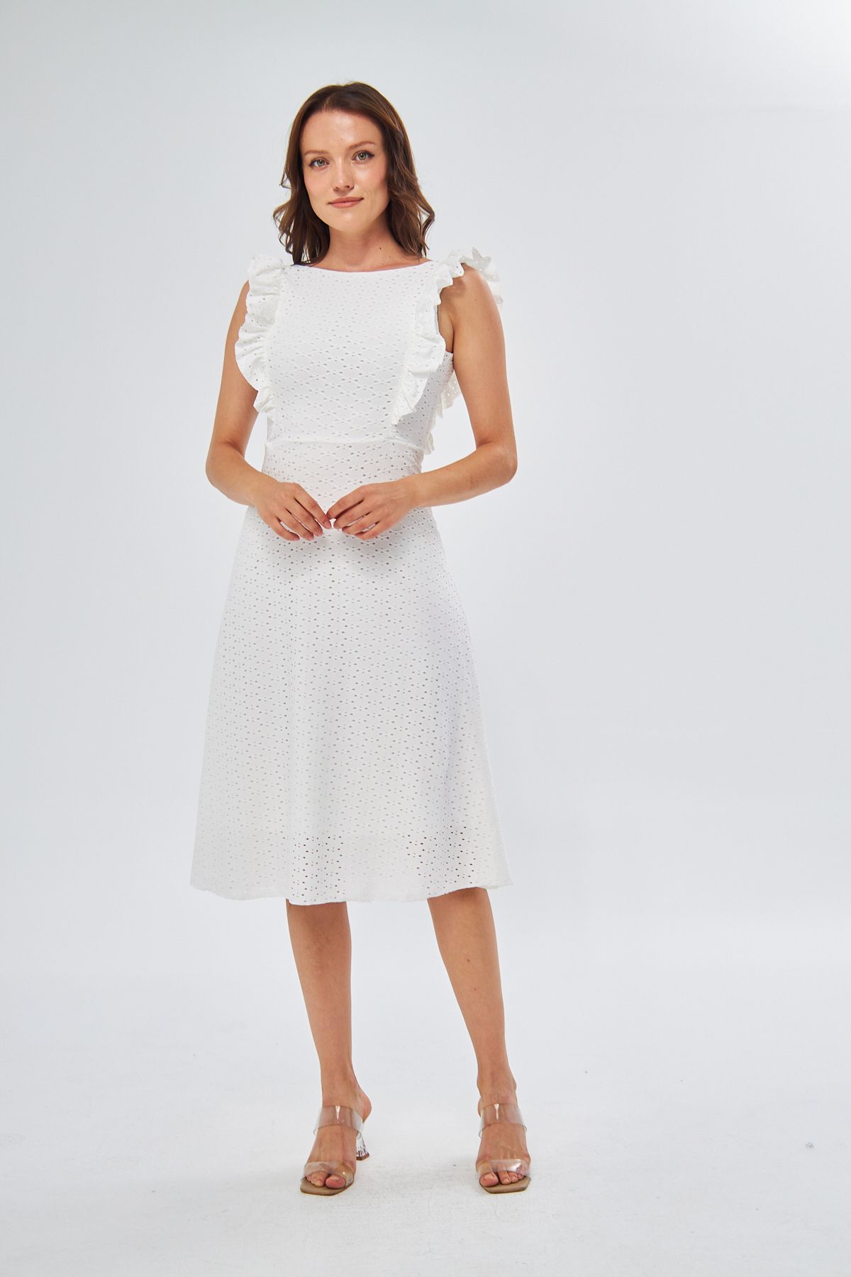lovebox Kadın Astarlı Esnek Kumaş Kolları Volan Detaylı Midi Beyaz Elbise 084