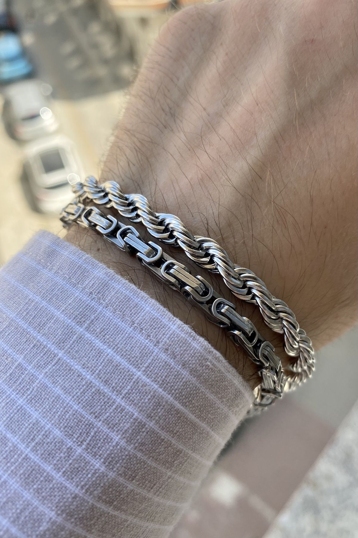 TOMKORS Erkek yüzde yüz çelik bileklik zincir 2li set kararmaz renk atmaz paslanmaz solmaz