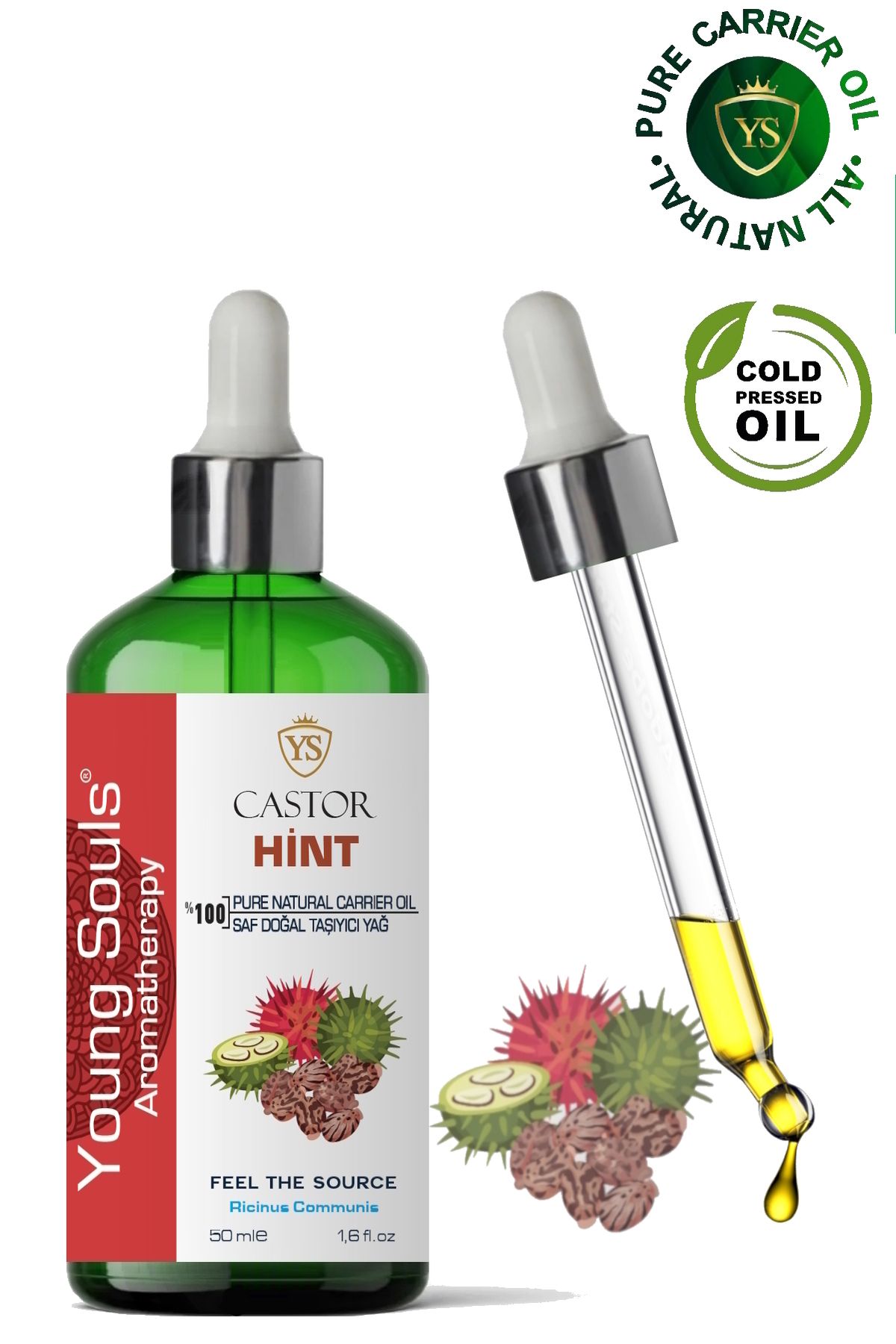YOUNG SOULS Aromatherapy Castor Carrier Oil ( Cold Pressed ) Hint Bitkisel Taşıyıcı Yağ ( Soğuk Sıkım ) 50 ml