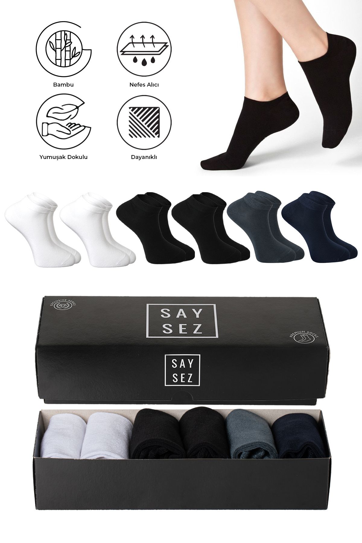 SAYSEZ Bambu Erkek Patik Düz Asorti Çorap Dikişsiz Premium Kutulu 6'lı