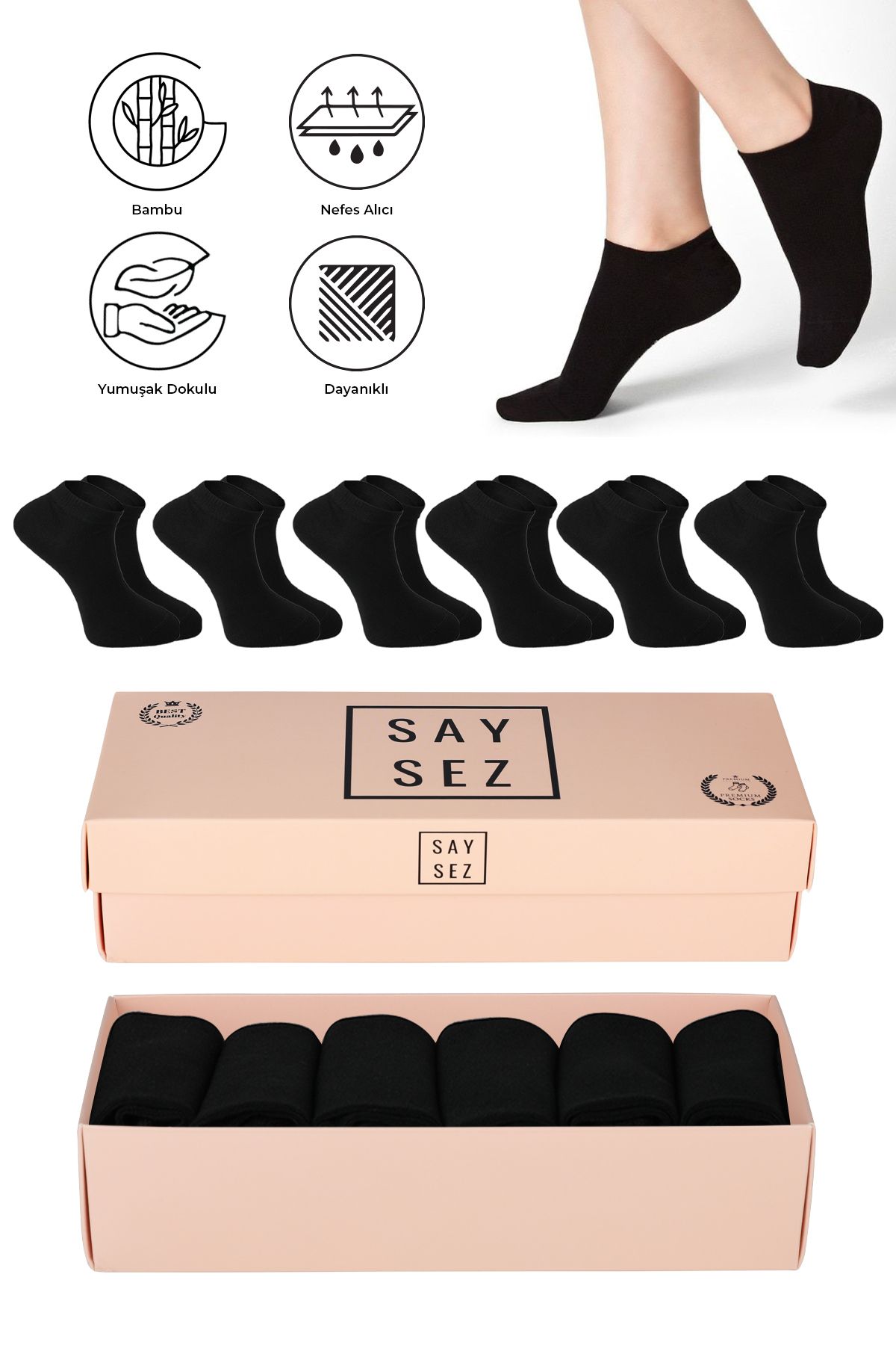 SAYSEZ Bambu Kadın Patik Düz Siyah Çorap Dikişsiz Premium Kutulu 6'lı
