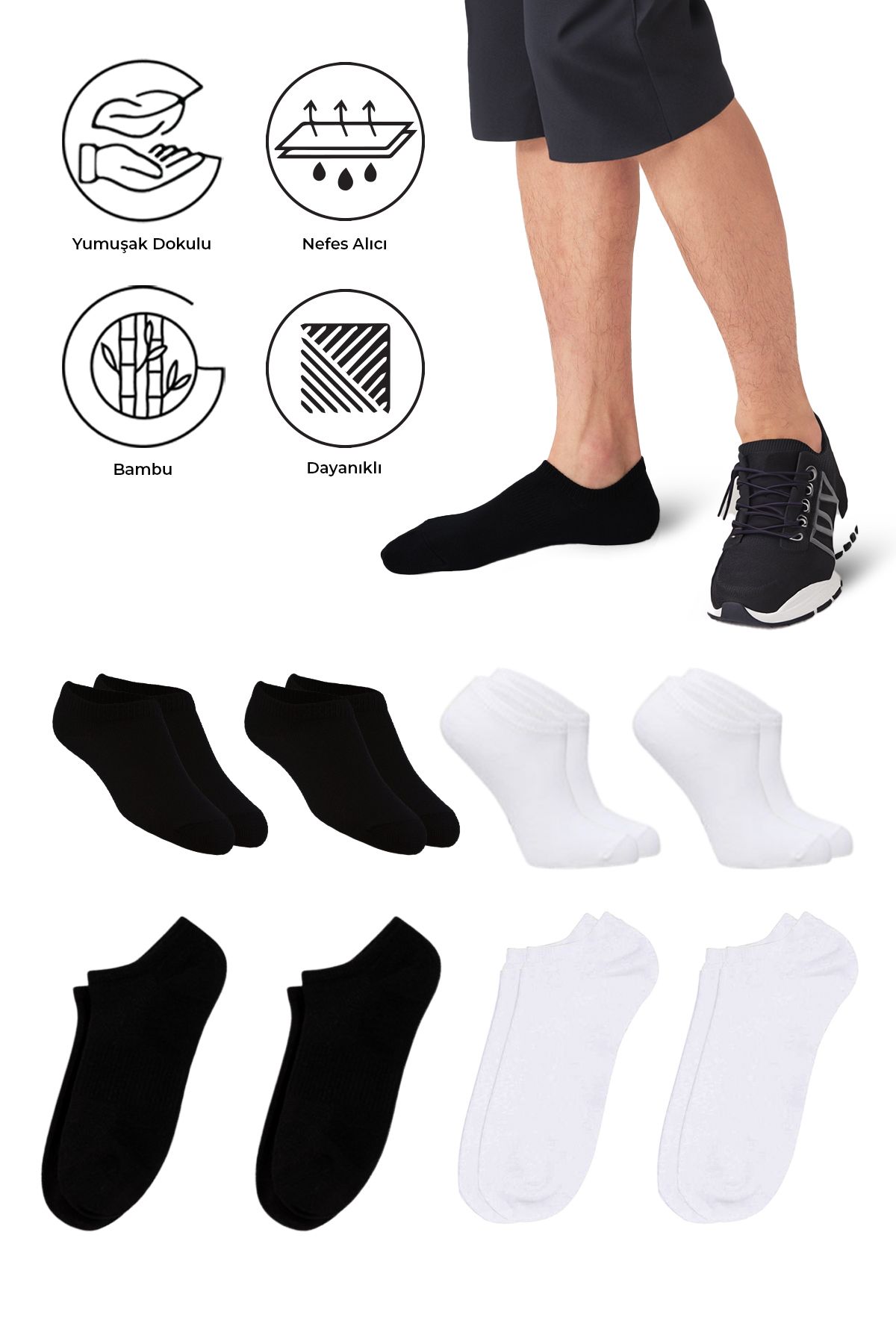 SAYSEZ Bambu Erkek Sneaker Siyah-Beyaz Çorap Dikişsiz Görünmez Bilekte Spor Çorap Premium 4'lü Paket